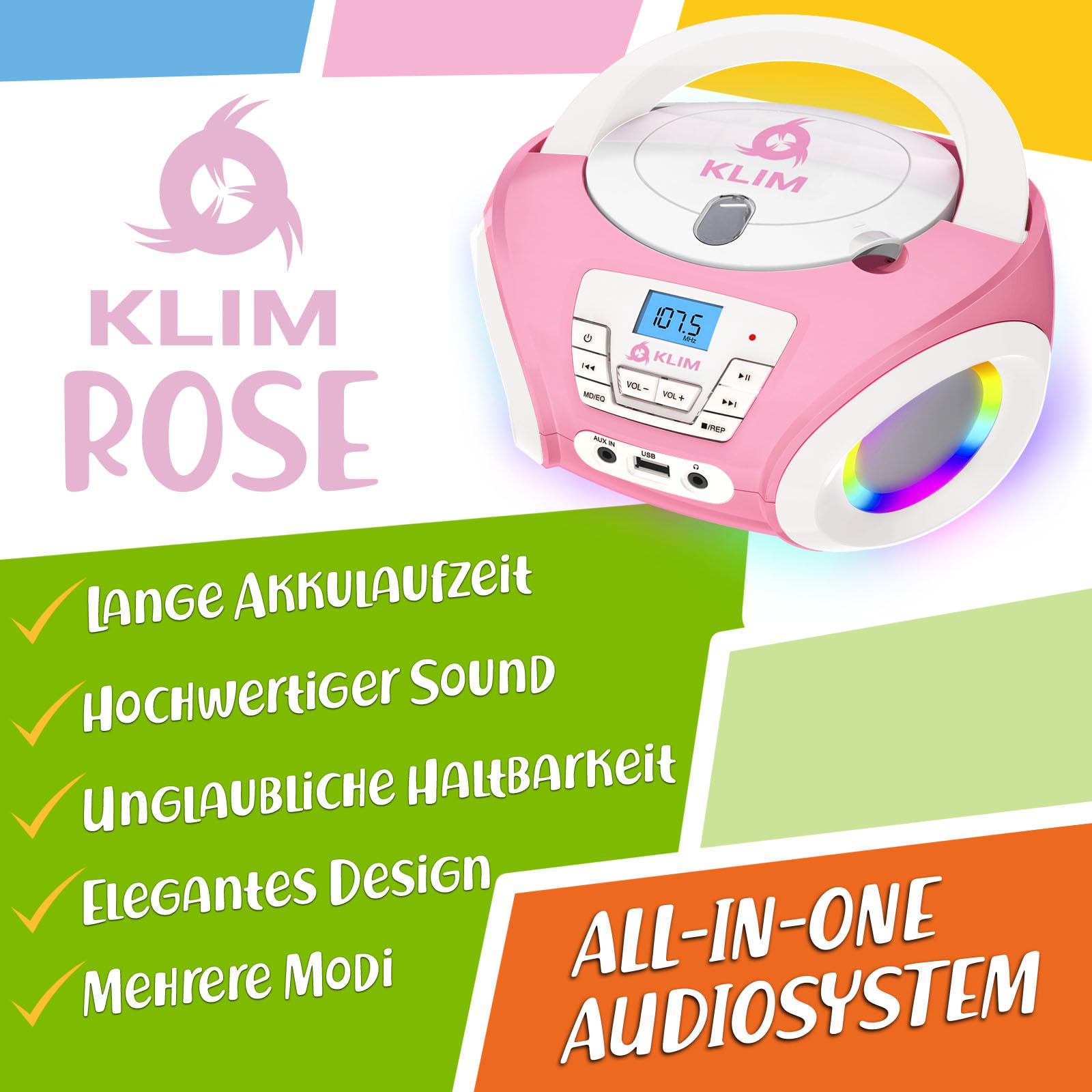 Candy Kids Boombox CD Player für Kinder mit UKW Radio und Lautsprechern | Mit fröhlicher Discofunktion inklusive Batterien und Netzkabel für Kleinkinder, Rose