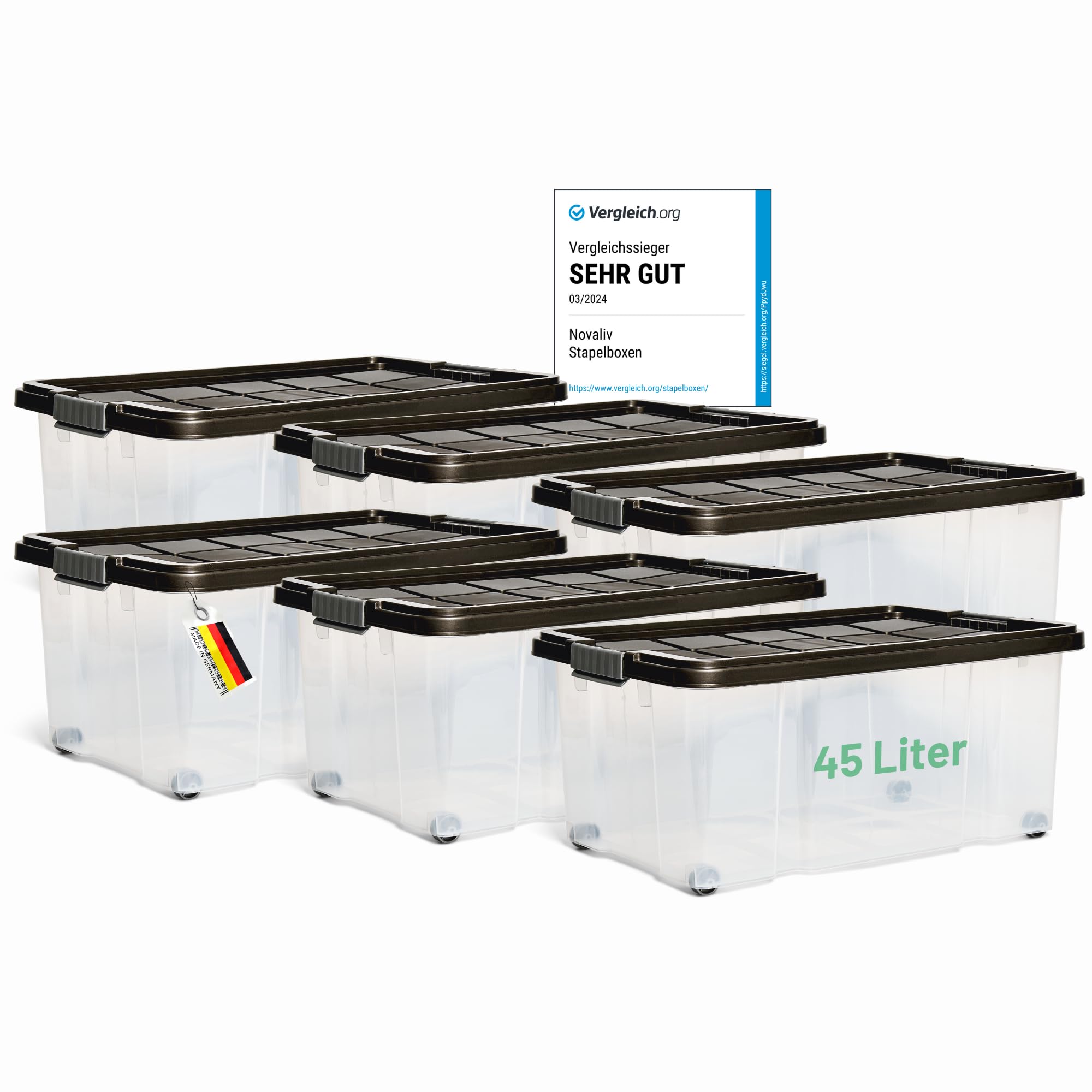 Novaliv 6 scatole portaoggetti con coperchio, grandi 45 l, colore antracite, impilabili, con chiusura a clip, in plastica, senza BPA, 61 x 40 x 26 cm