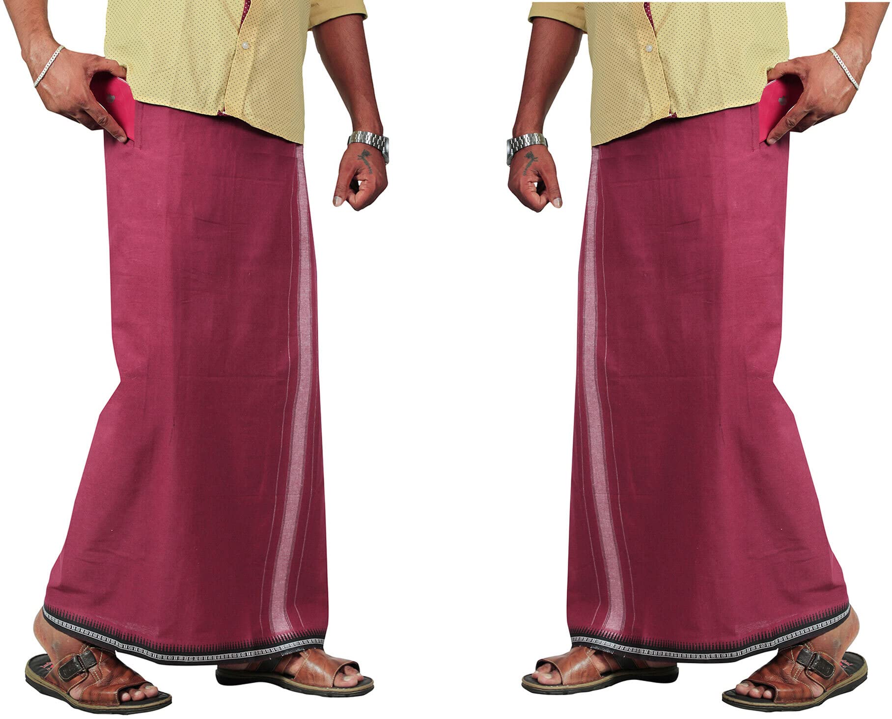 Adjustable Velcro Kerala Dhoti for men with 2 Way Pocket (Right/Left) | Mundu with Thalapathi Border Readymade Single Color Dhoti for men | South Indian Veshti-image-39