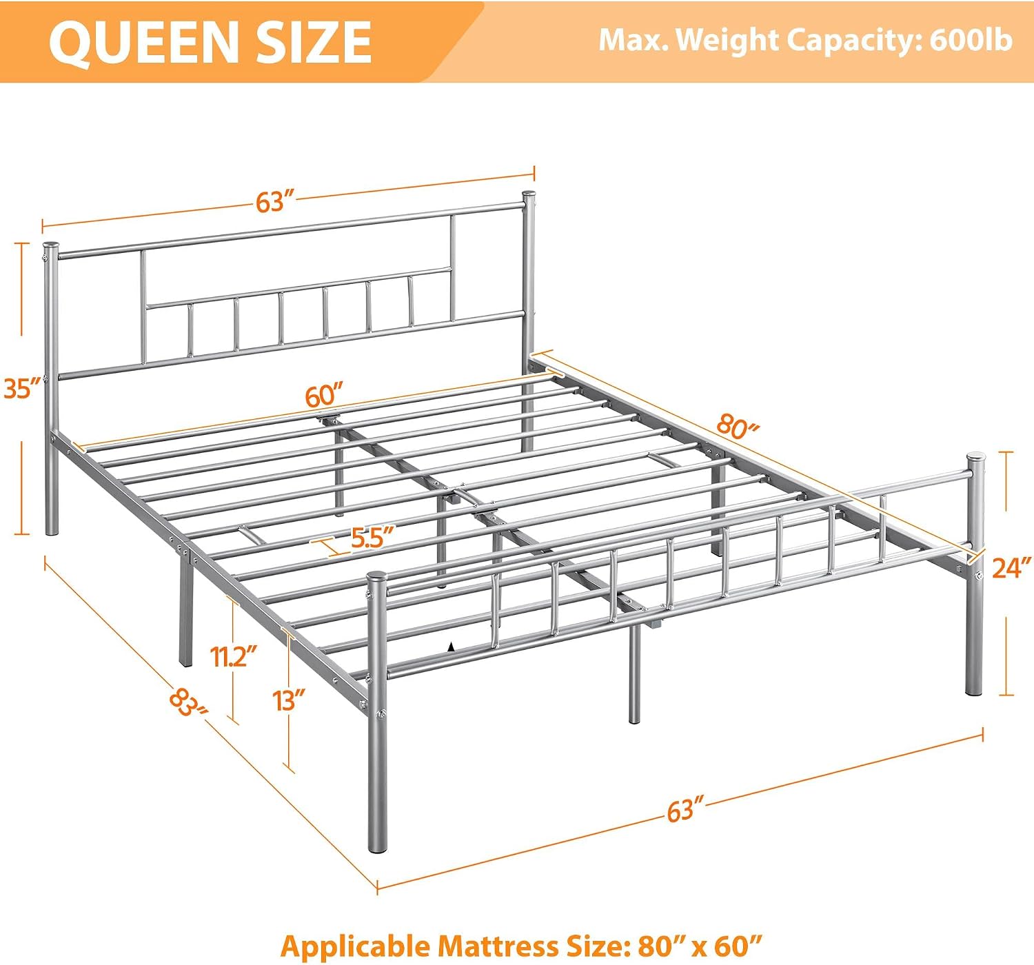 Topeakmart Queen Size Metal Bed Frame, Platform Bed Frame with Headboard and Footboard/No Box Spring Needed/Steel Slat Support/Under Bed Storage/Silver