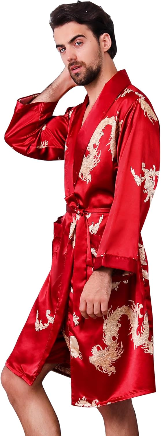 Haseil Men's Satin Robe Dragon Luxurious Silk Spa Long Sleeve House Kimono Bathrobe