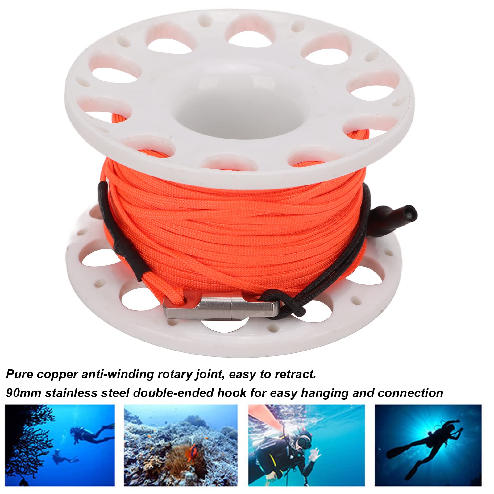 Finger Reel, Diving Spool Wire Wheel with Stainless Steel Clip 30m Line for Underwater Cave Wreck Exploration Fishing (White Reel)