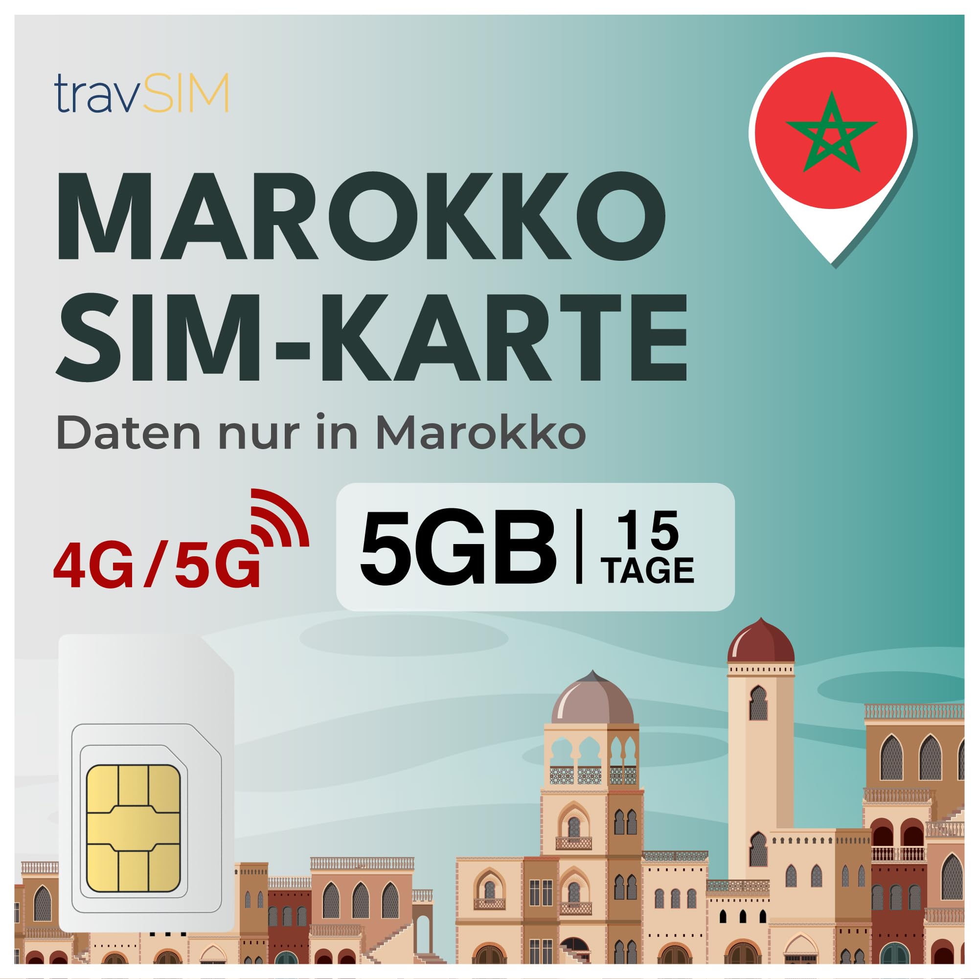 travSIM SIM Karte für Marokko| 15 Tage - 5GB Daten SIM | 5G/4G Hochgeschwindigkeitsdaten | Unbegrenzter Internetzugang für Google, Facebook, Whatsapp, Instagram und mehr