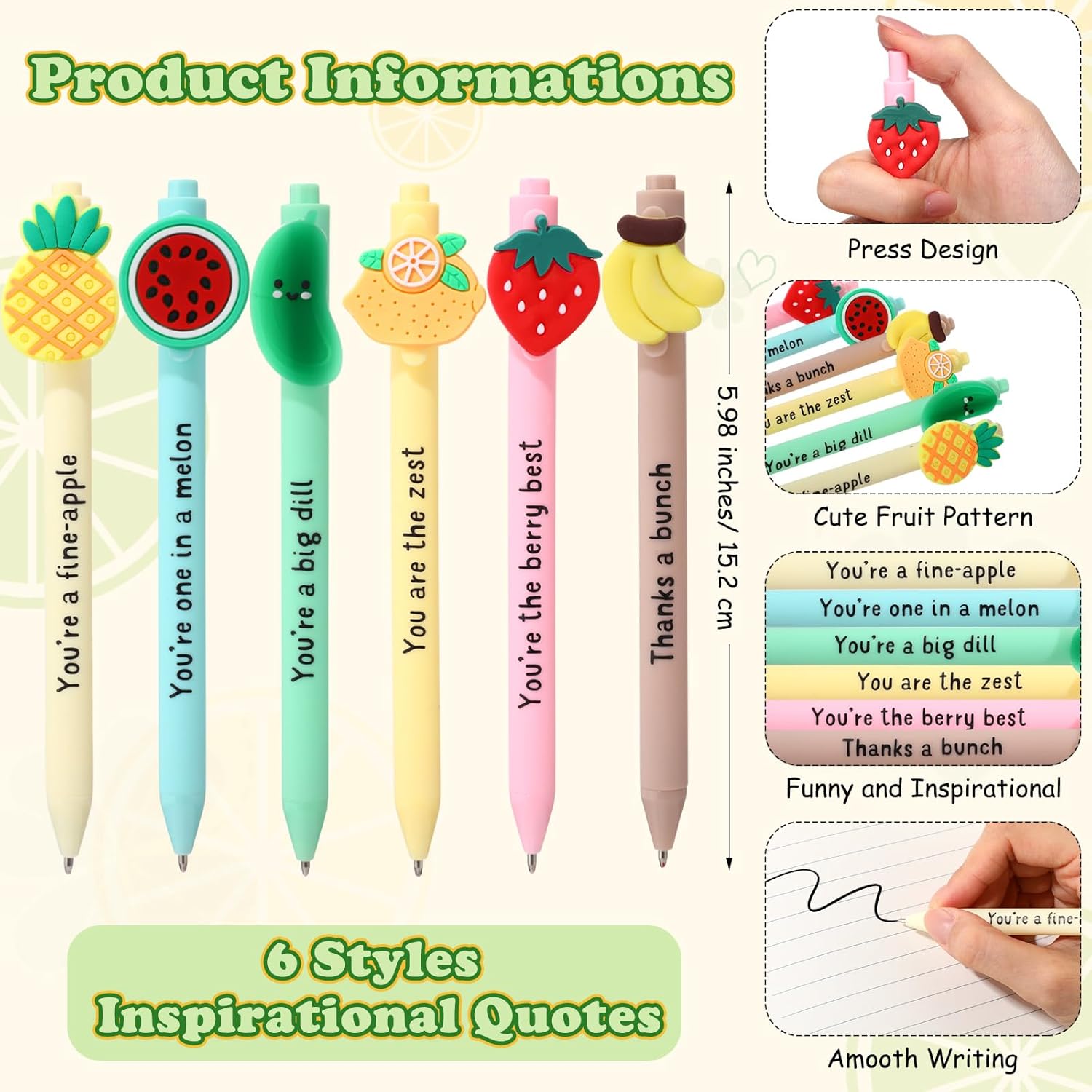 Dunzoom 36 Sets Positive Fruit Pen Gifts Bulk Motivational Gift from Teacher Funny Affirmative Pen Acrylic Keychain Card Employee Appreciation Day Gift for Social Worker Staff Coworker Teacher Office