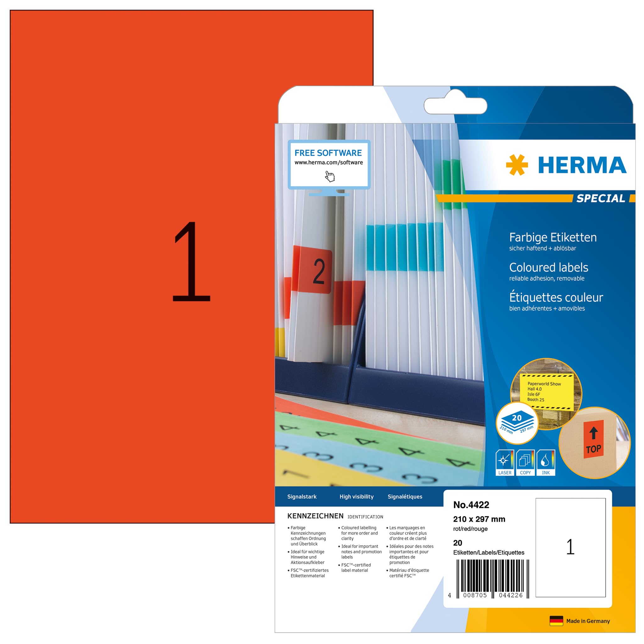 HERMA Self Adhesive Coloured Labels, 1 Label per A4 Sheet, 20 Sheets, 210 x 297 mm, 20 Labels, Blank Removable Colour Labels Stickers, Sticky Labels for Laser & Inkjet Printer, Red