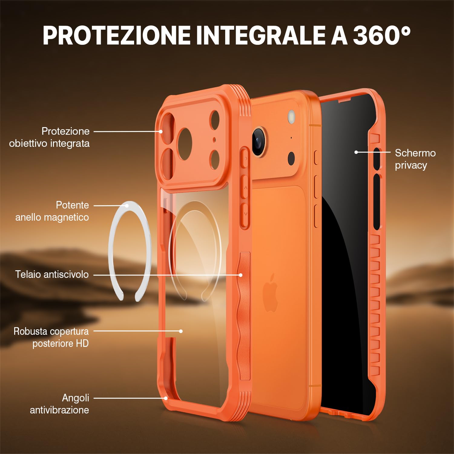 CENHUFO Magnetica Privacy Cover iPhone 17 Pro [Compatibile con Magsafe] Integrata 9H Vetro Temperato Anti Spia Schermo e Protezione Fotocamera, Custodia Antiurto 360 Gradi Doppia Case -Arancione