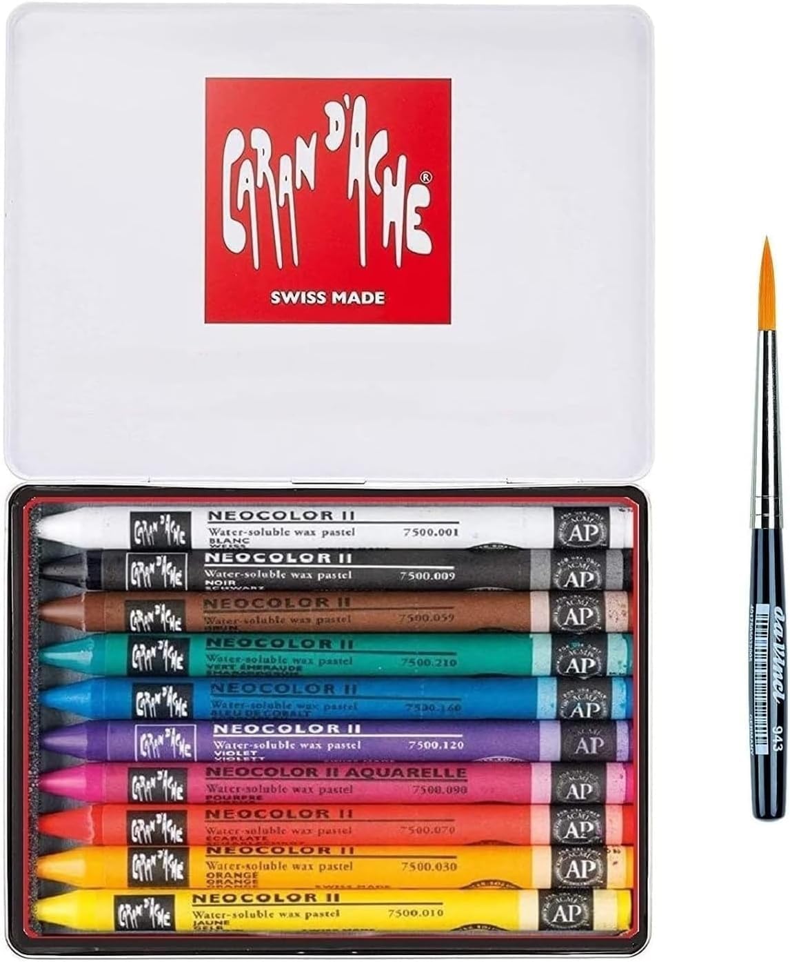 Caran d'Ache Neocolor II, Pasteles de cera acuarelables, Lápices de cera Aquarellables - Juego de 10 y 1 pinceles