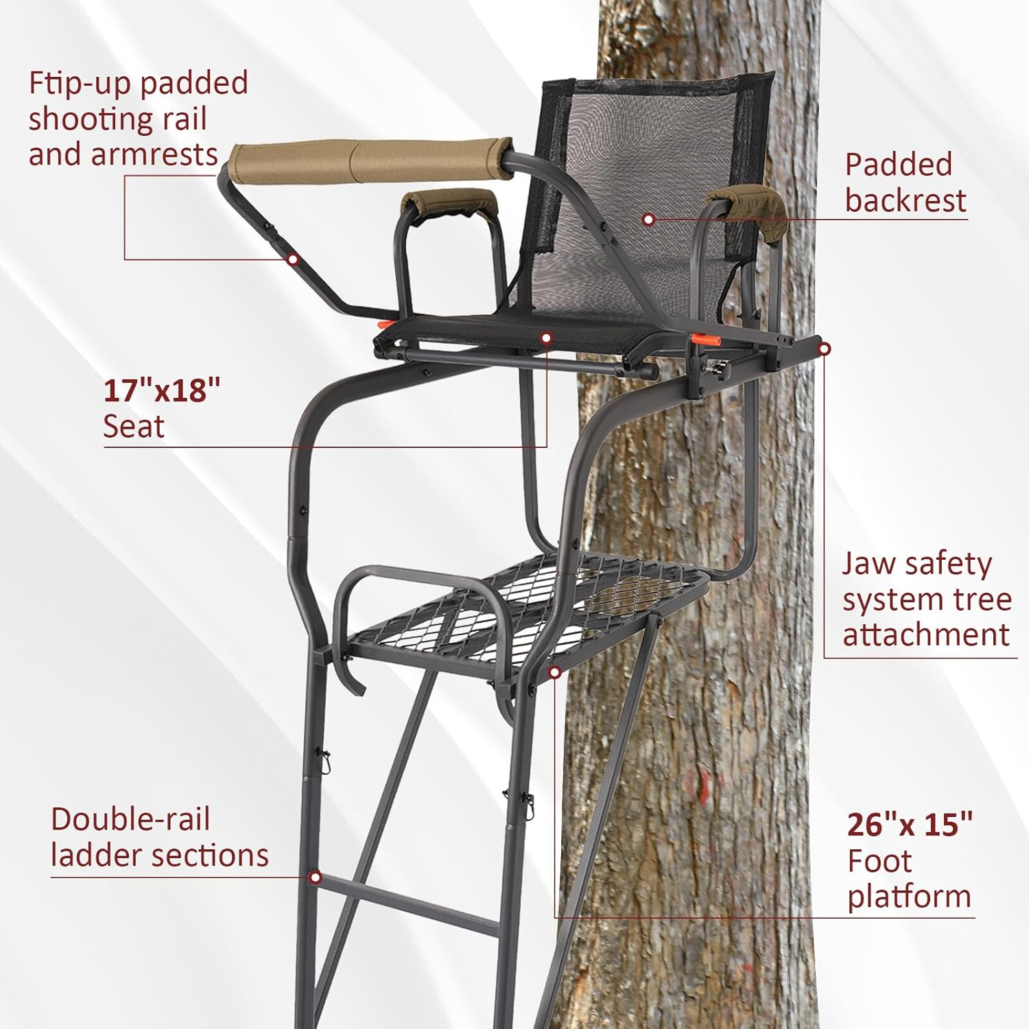 Hunting Ladder Tree Stand with Shooting Rail Climbing Mesh Seat Single Person