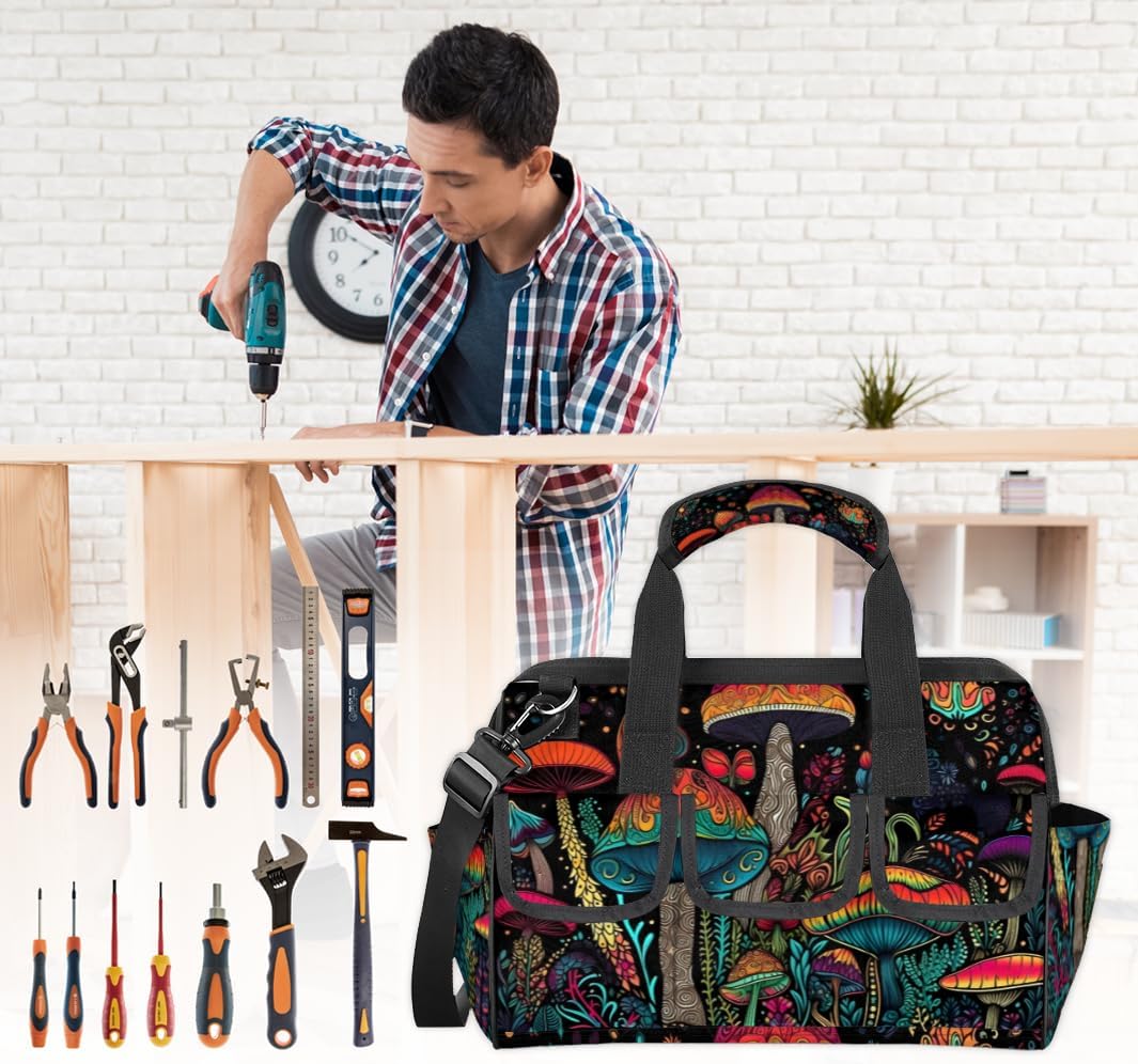 Cartoon Funny Mushroom Tool Bag with Multi-Pockets Wide Mouth Tool Tote Bag for Women and Men Waterproof Tool Organizer Storage Bag with Adjustable Shoulder Strap and Ergonomic Handle