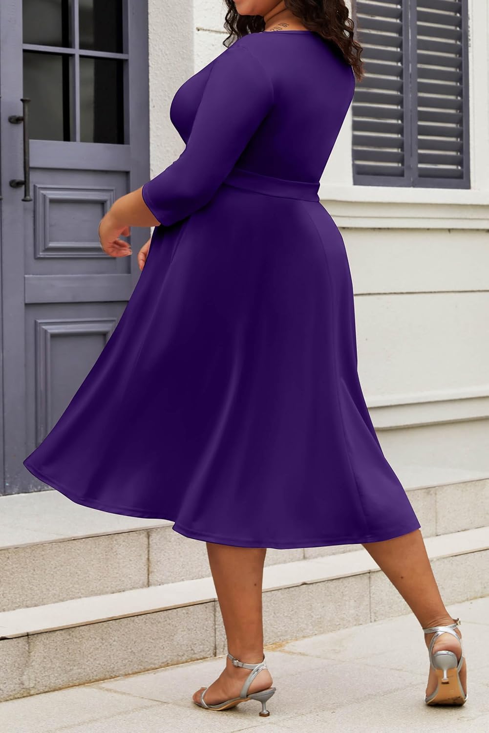 CLOCOR Women's Plus Size Midi Dress 3/4 Sleeve A-Line Swing Dress V Neck Flowy Casual Dresses - Image 4