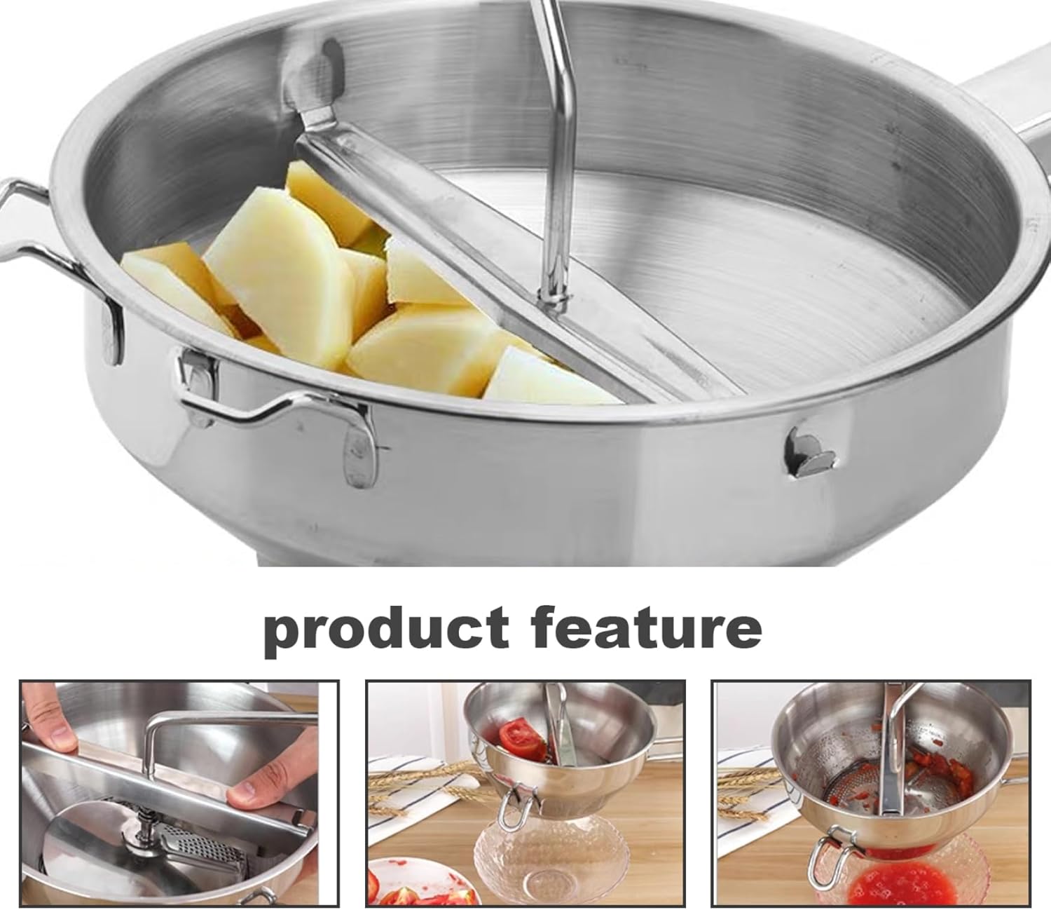 Food Mill Stainless Steel Mill with 3 Grinding Discs Rotary Manual Washable Kitchen Restaurant Mills for Tomato Sauce Mashed Potato Jam 4Pcs/Set 19cm/7.48inch