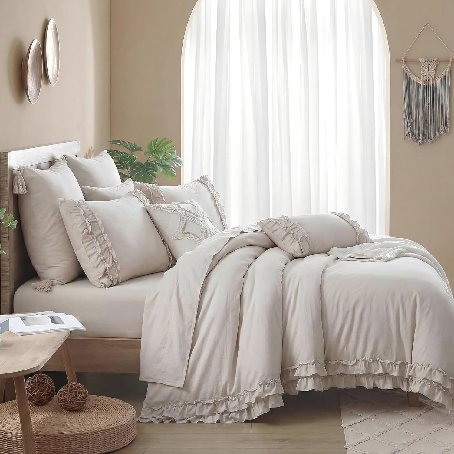 Bedorm Beige King Comforter Set Ruffled Bedding Comforter Shabby Chic Ruffle Fringe Coquette Bedding Boho Farmhouse Quilt Bedding Set for All Season - Image 6