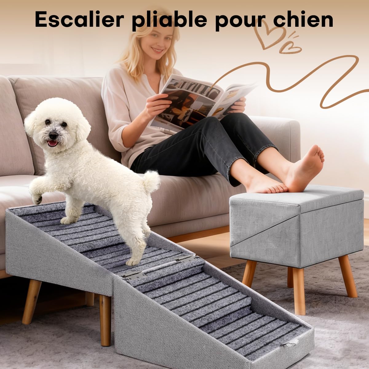 Escalier pour Chiens et Chats 2 en 1, 4 Marches Rampe et Marches pour Canapé Lit, Pente Douce Protège Articulations, Antidérapant(Gris Clair - 43,5 cm Haut)