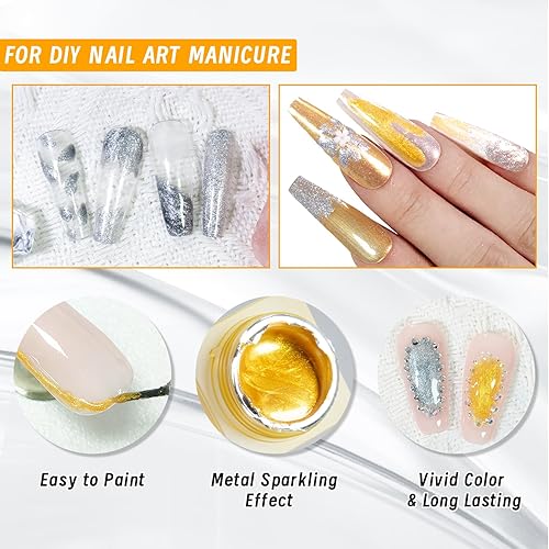 Miniatura 3 de U-Shinein Esmalte de gel metálico con purpurina de 0.3 fl oz, gel de pintura metálica dorada brillante para uñas, gel de dibujo de gel con purpurina