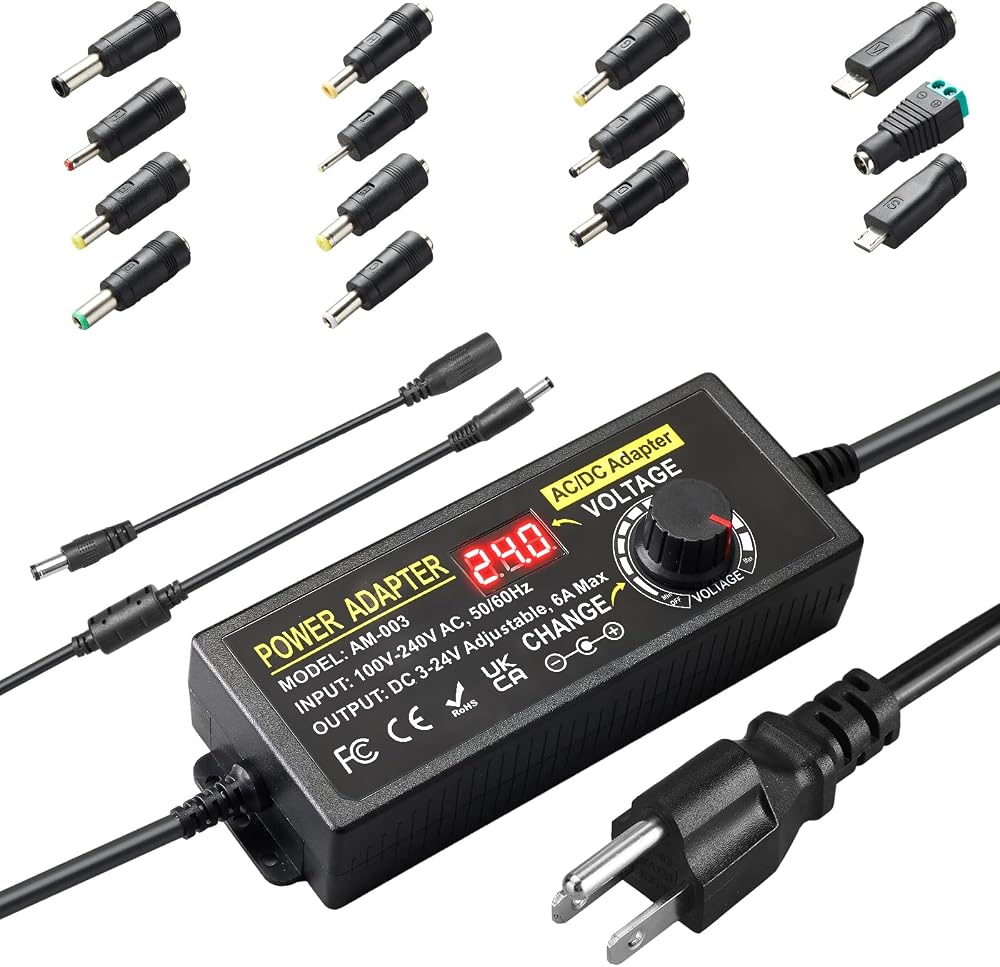 144W Adjustable Power Supply Adapter 3V~24V 6A Universal Variable Switching Power Adapter 100V-240V AC to DC Converter Transformer with 14 Tips&Polarity Converter3V 5V 6V 9V 12V 15V 16V 18V19V20V24V