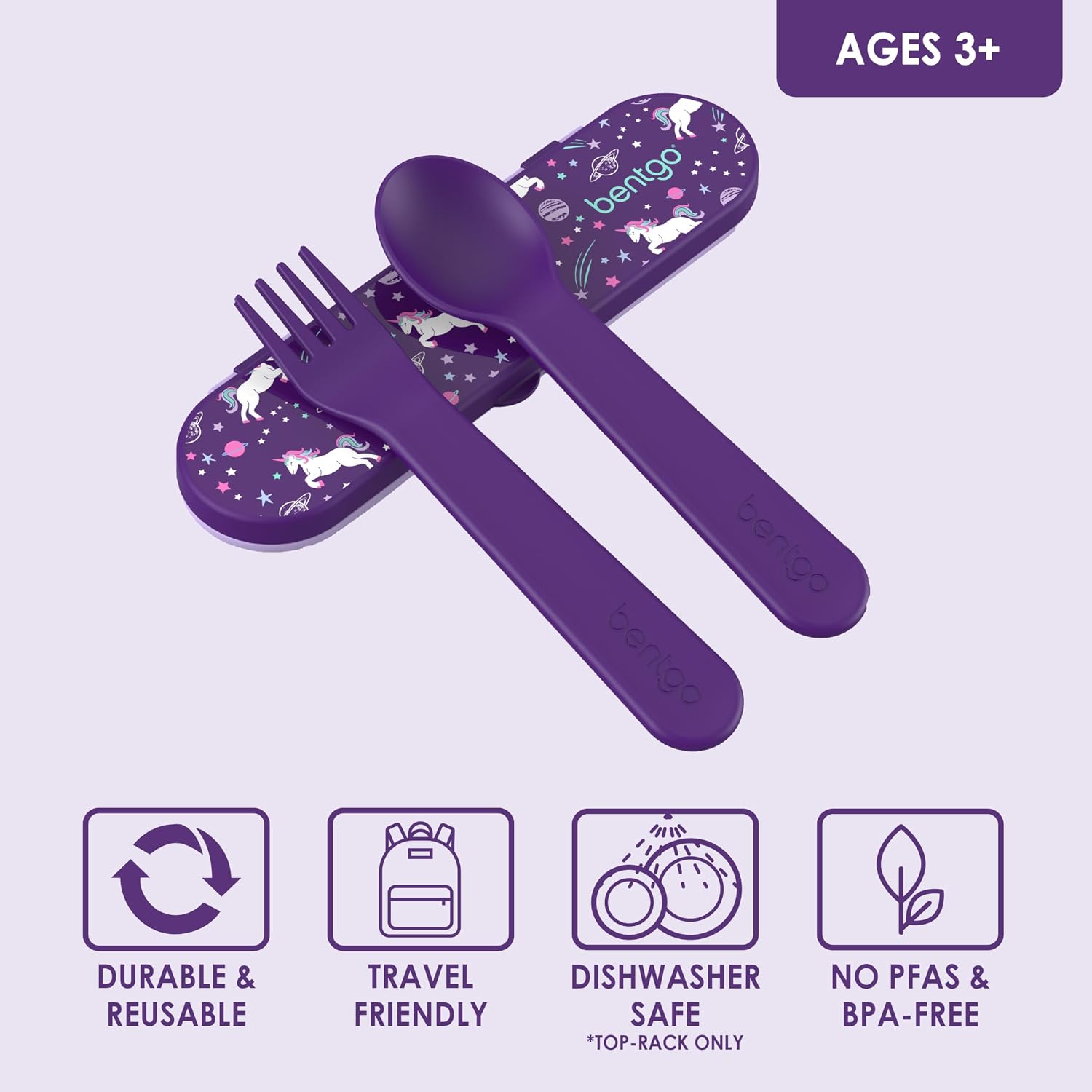 Bentgo Kids Plastic Utensil Set with Fork, Spoon, & Storage Case | Reusable, PFAS- & BPA-Free, Easy-Grip Handles, Lightweight, Dishwasher Safe, School, Travel & On-the-Go (Unicorn)