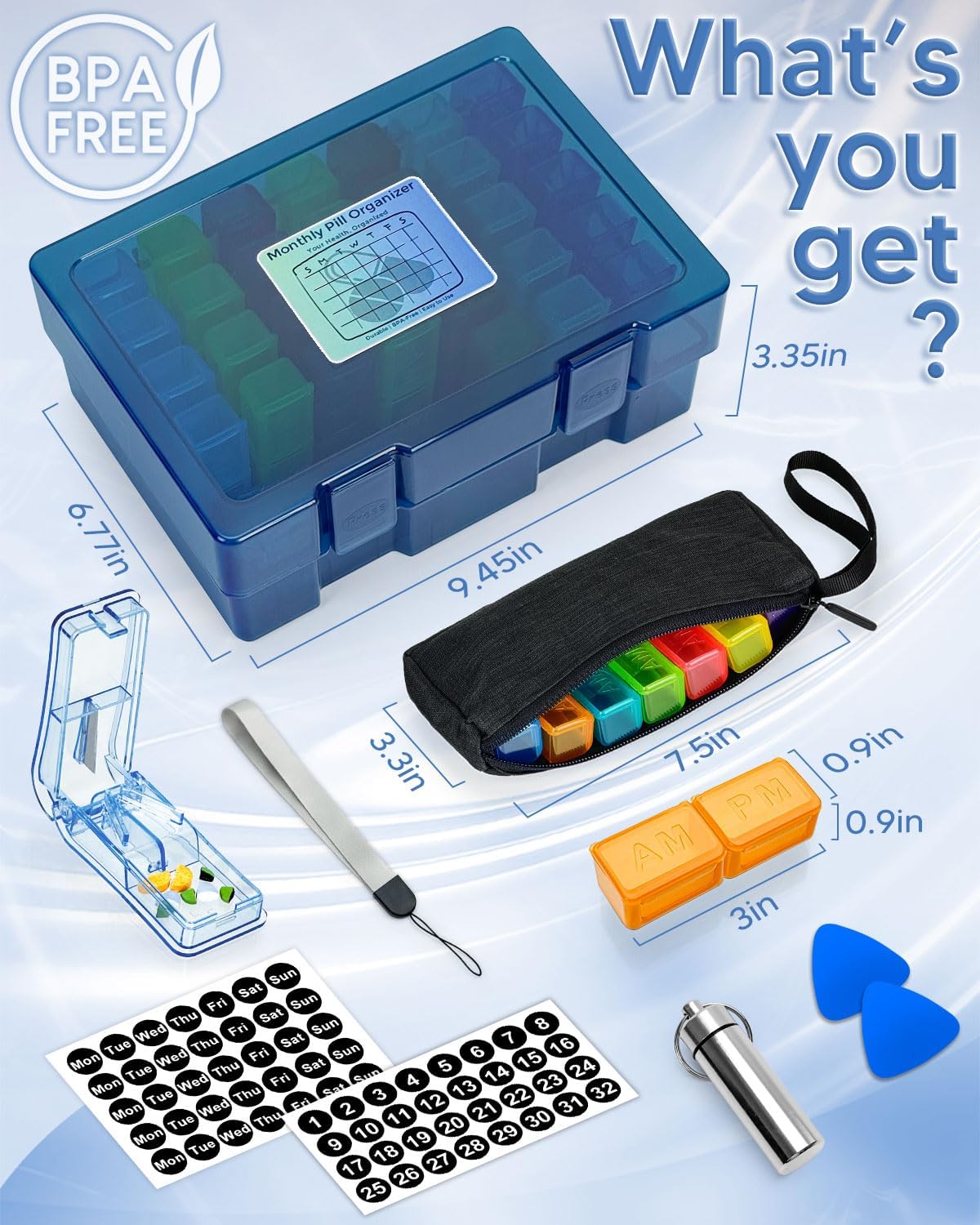 マンスリーピルオーガナイザー 1日2回 ポータブルウィークリーピルバッグ、キーチェーンピルケース、ピルカッター、ステッカー2枚(ブル