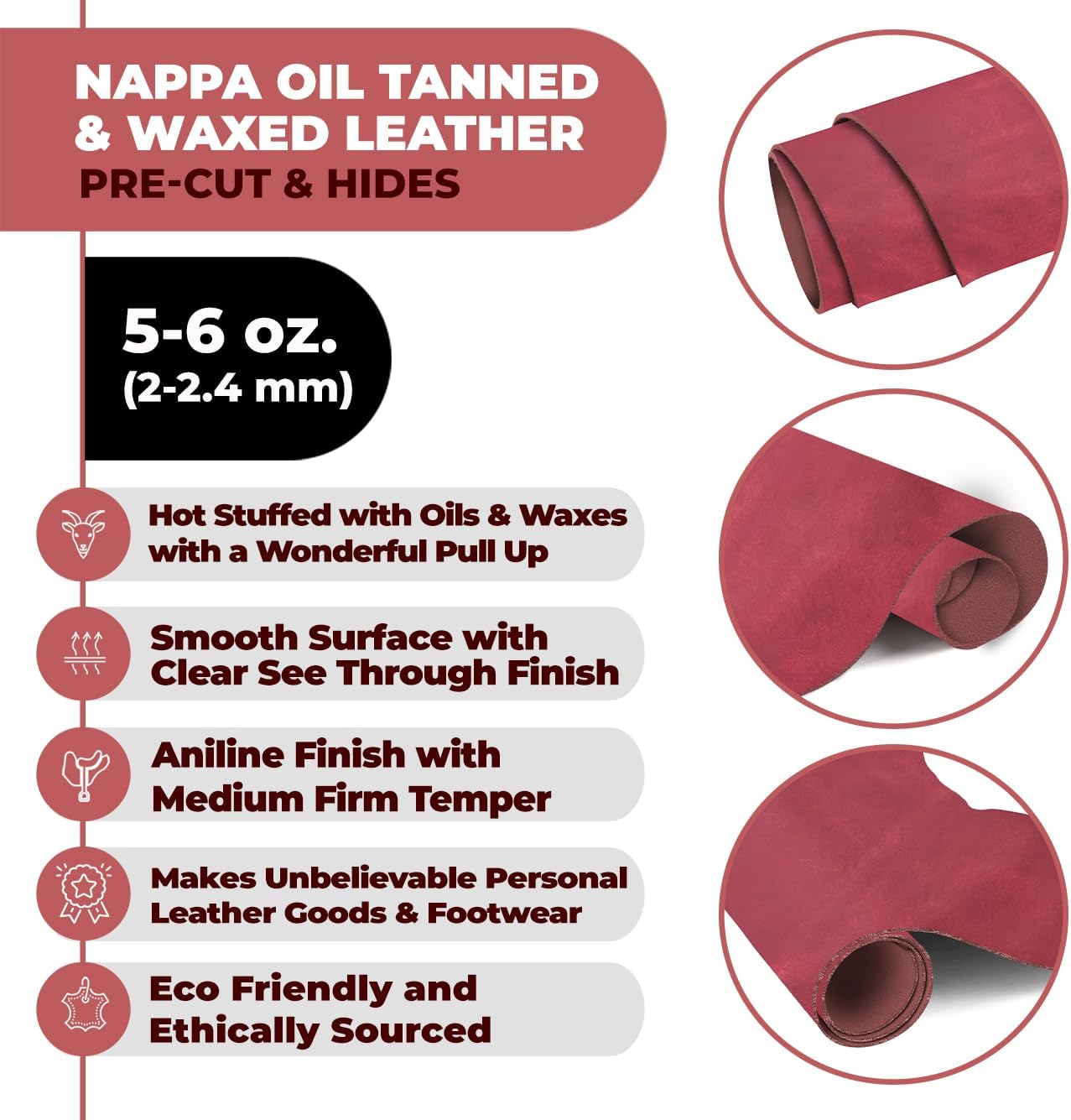 ELW 5-6 oz (2-2.4mm) Nappa Oil Tanned & Waxy Finish Leather Pre-Cuts & Hides | Size: 8"x12" (20.3-30.4 cm) | Red Color | Full Grain Genuine Craftsman Grade A/B, Leatherworking, Sheets