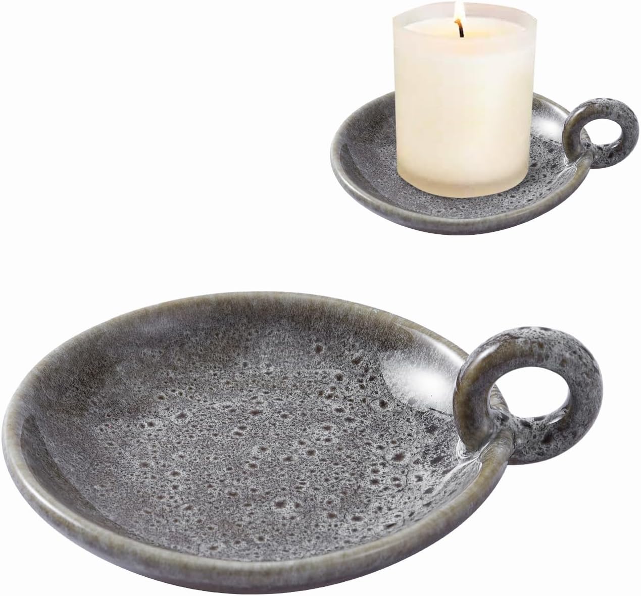 VIRFONOR1pack Vintage Ceramic Candle Holders with Handle, Round Farmhouse Ceramic Plate Tray,Sage Holder for Burning,Incense Holder for Meditation Room Home Decor(Green)