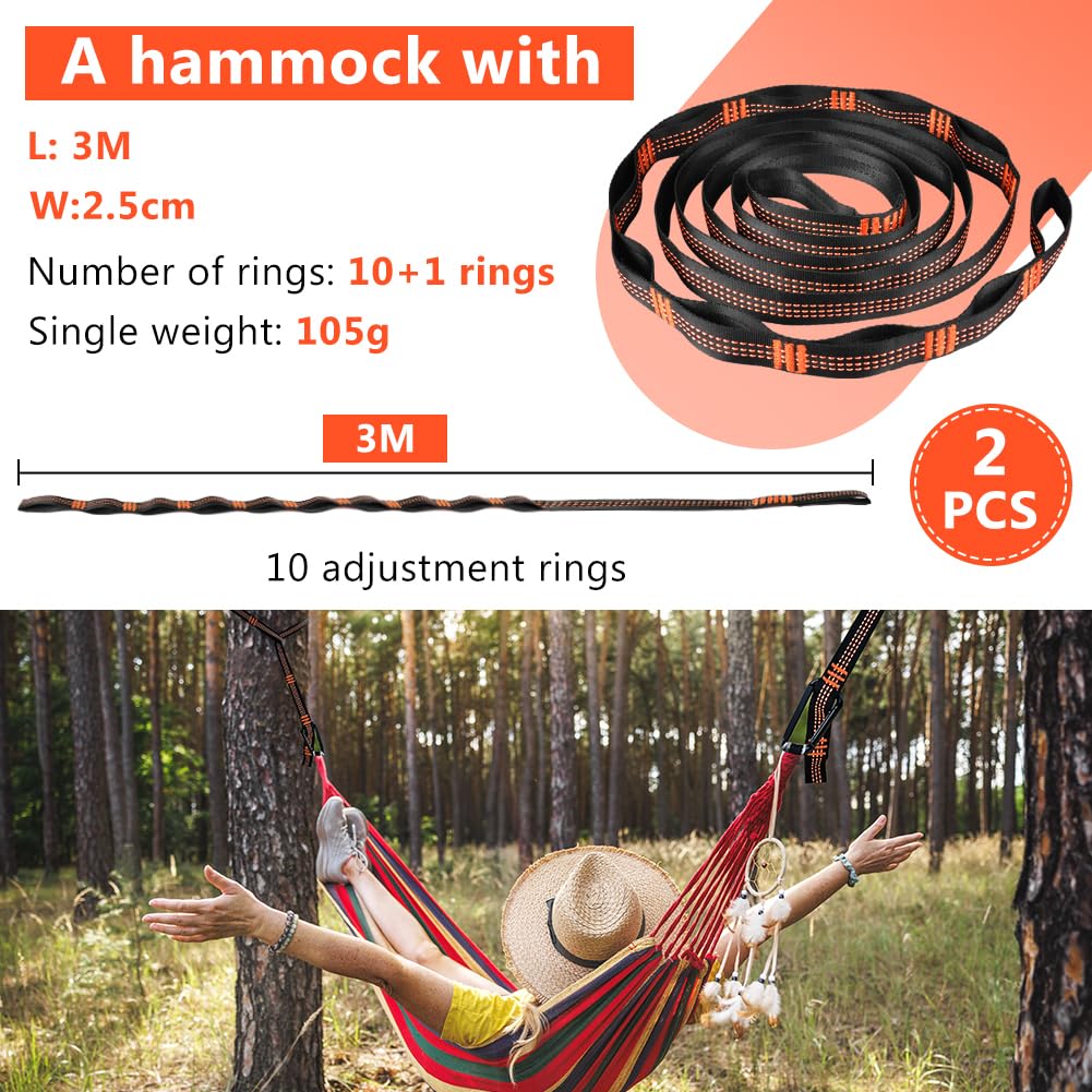 Vicloon 2 Pezzi Cinghie per Amaca 300 cm con Moschettoni, Fino a 300 kg, Set Fissaggio Campeggio, Arancione