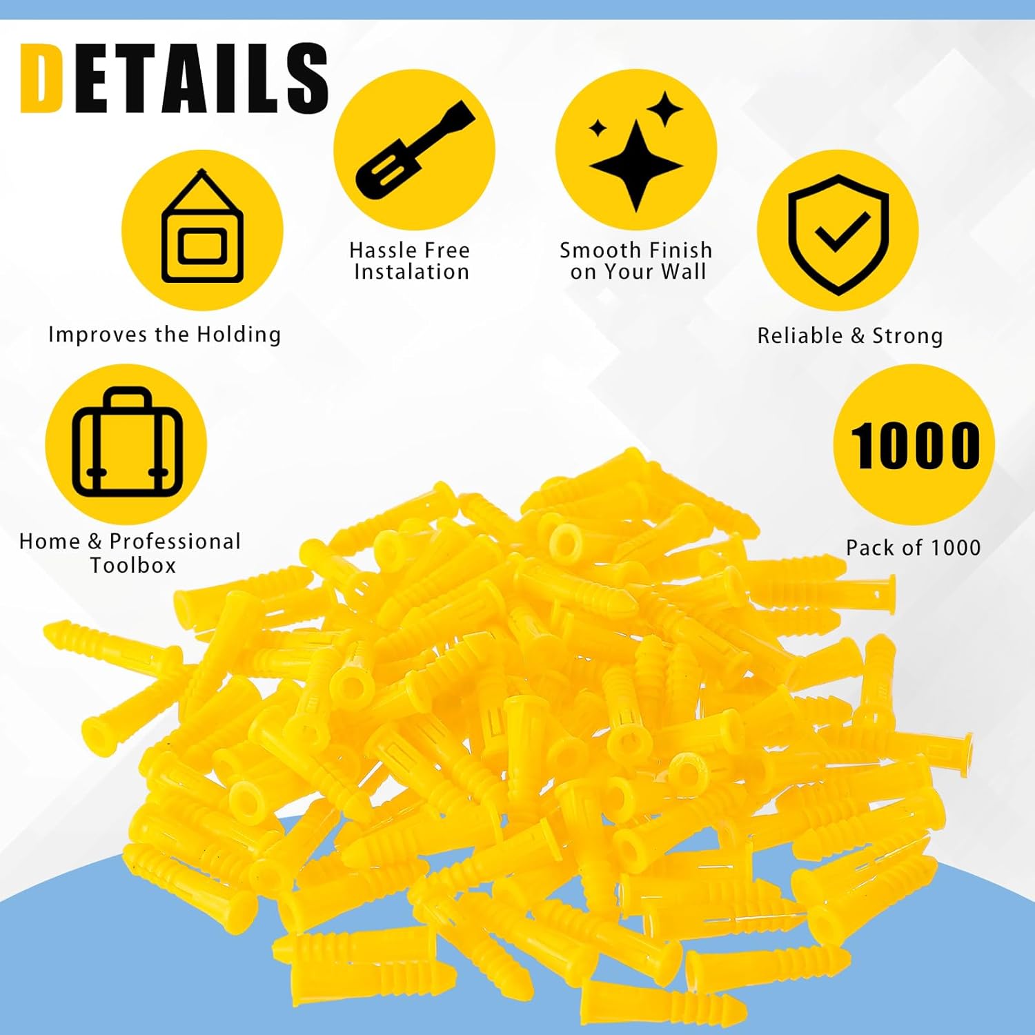 Glooglitter 1000 Pcs 4-6-8 x 7/8 Inch Ribbed Lightweight Plastic Anchors Drywall Anchors for Hollow Walls Pictures Artwork Decor Light Duty Anchoring Application (Yellow)