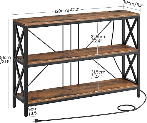 Miniatura 3 de Mesa consola de 47.2 pulgadas con estación de carga, mesa de entrada de 3 niveles, escritorio de sofá industrial, escritorio de pasillo con 2