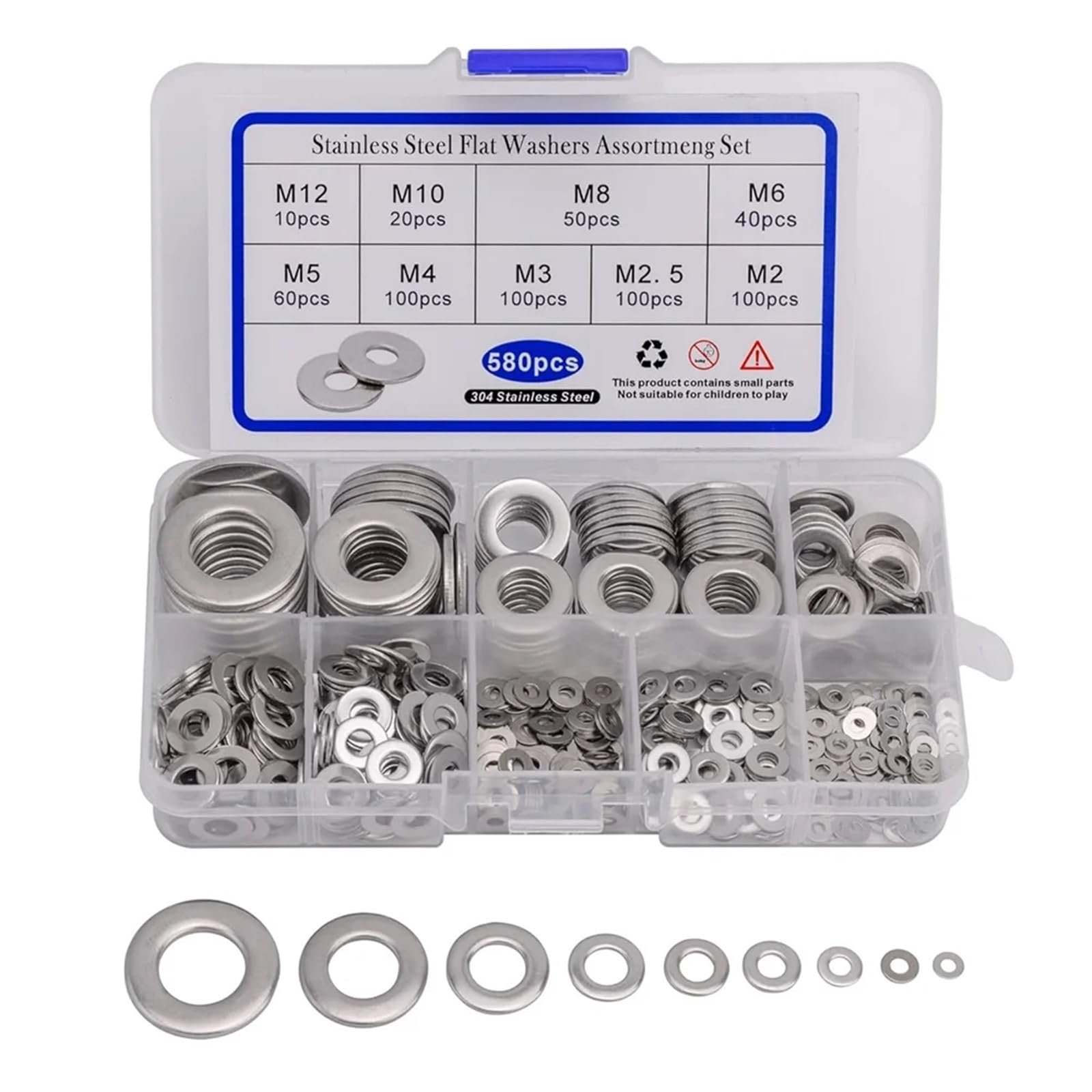 Assortiment de rondelles plates en acier inoxydable 580, 304 pièces, ensemble d'assortiment, bague d'étanchéité, fixation joint, entretoise ronde, Kit à vis métal Pour Vis Et éCrous