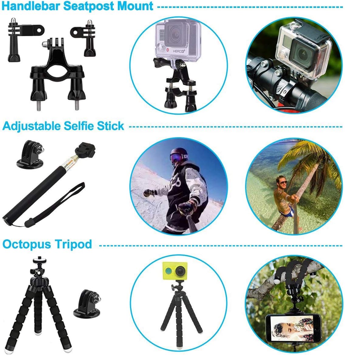 Soft Digits Accessories Bundle Kit Compatible for Gopro Hero 6 Hero 7 Hero 2018 for Xiaomi Yi for AKASO, for Most of Sports Camera 50-in-1 Accessory Kit with Case (Black)