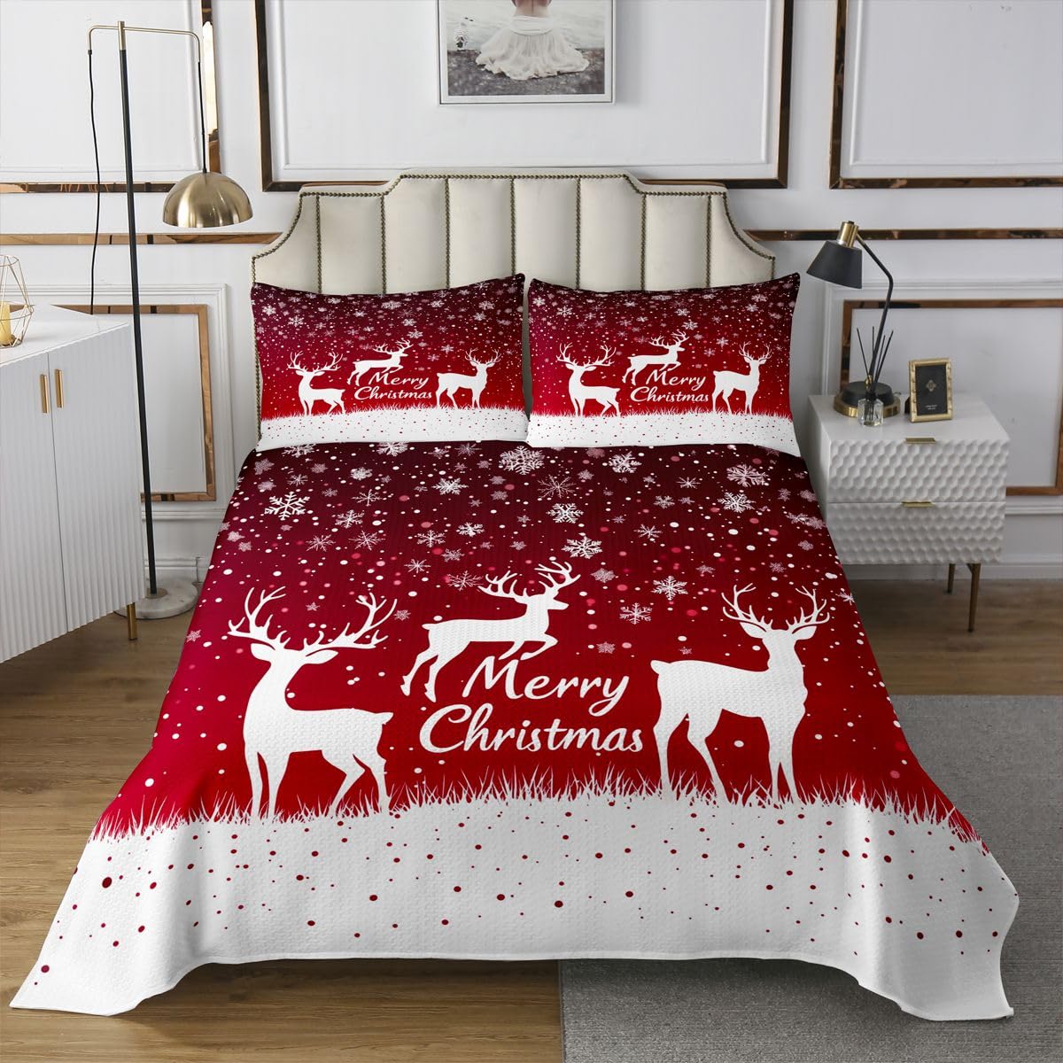Homewish Copriletto singolo con renne rosse sfumate | Set di biancheria da letto trapuntata invernale bianca con motivo neve e sagoma di neve, per bambini e adulti