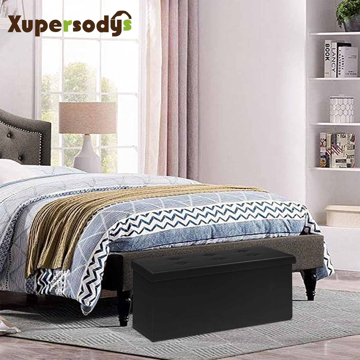 30 Inches Folding Storage Ottoman Bench, Faux Leather Footstool Ottoman, Storage Trunk Footrest for Bedroom, Living Room and Hallway, Support 350lbs, Black（Black line）