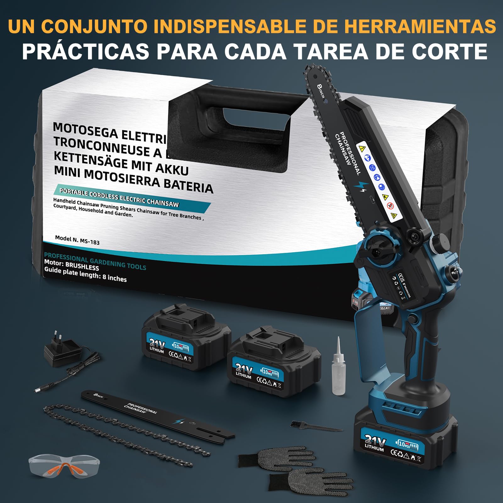 Mini Motosierra Bateria, 8000mAh Sierra Eléctrica Bateria Motor sin Escobillas 8 Pulgadas, con El Aceite y 2 Baterías, Motosierra Inalámbrica Portátil para Podar, Árboles (1200W) — view 7