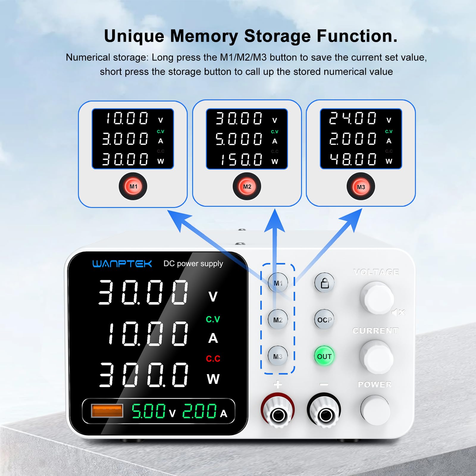 Fuente Alimentación Regulable 30V 10A, Fuente de Laboratorio Ajustable con 3 Memorias, Protección OCP, Carga Rápida USB y Función de Bloqueo - - para Reparación Electrónica