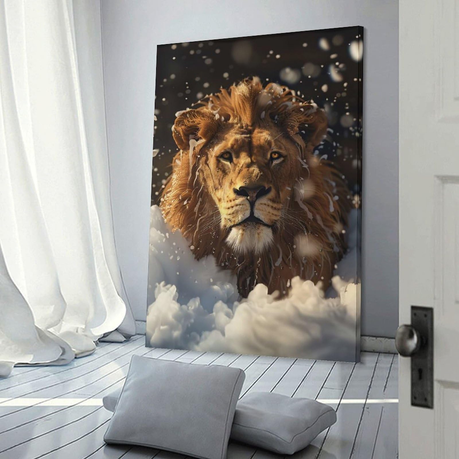Junmoney Hanging Wall Art Lion Take A Shower, 20x30inch(50x75cm), for Small Homes, Bedrooms Or Open Spaces, Wall Decor with Flexible Room Appeal