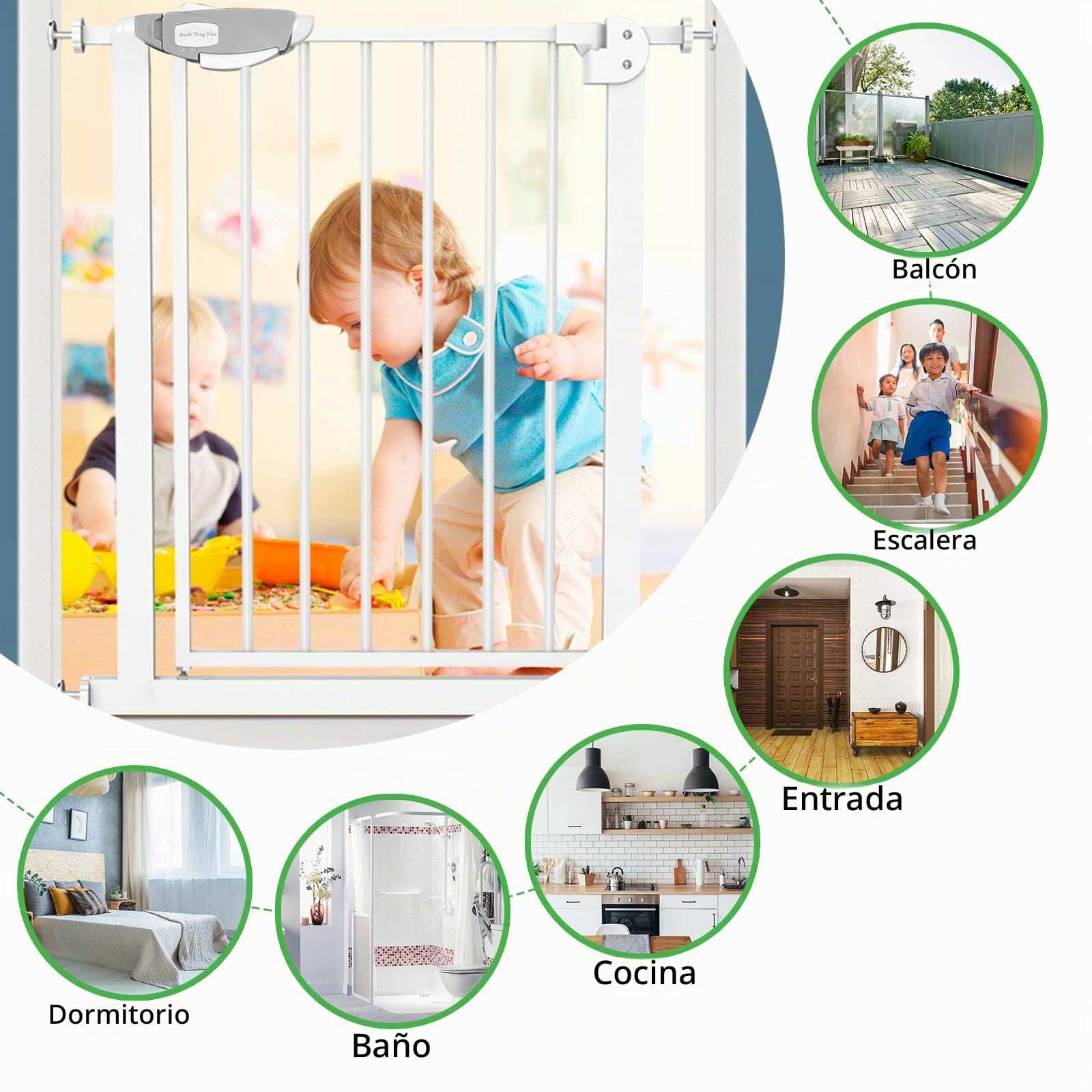UISEBRT Rejilla protectora para escaleras, sin agujeros, para bebés de 105 a 115 cm de ancho, cierre automático, apertura con una mano, rejilla de metal, color blanco