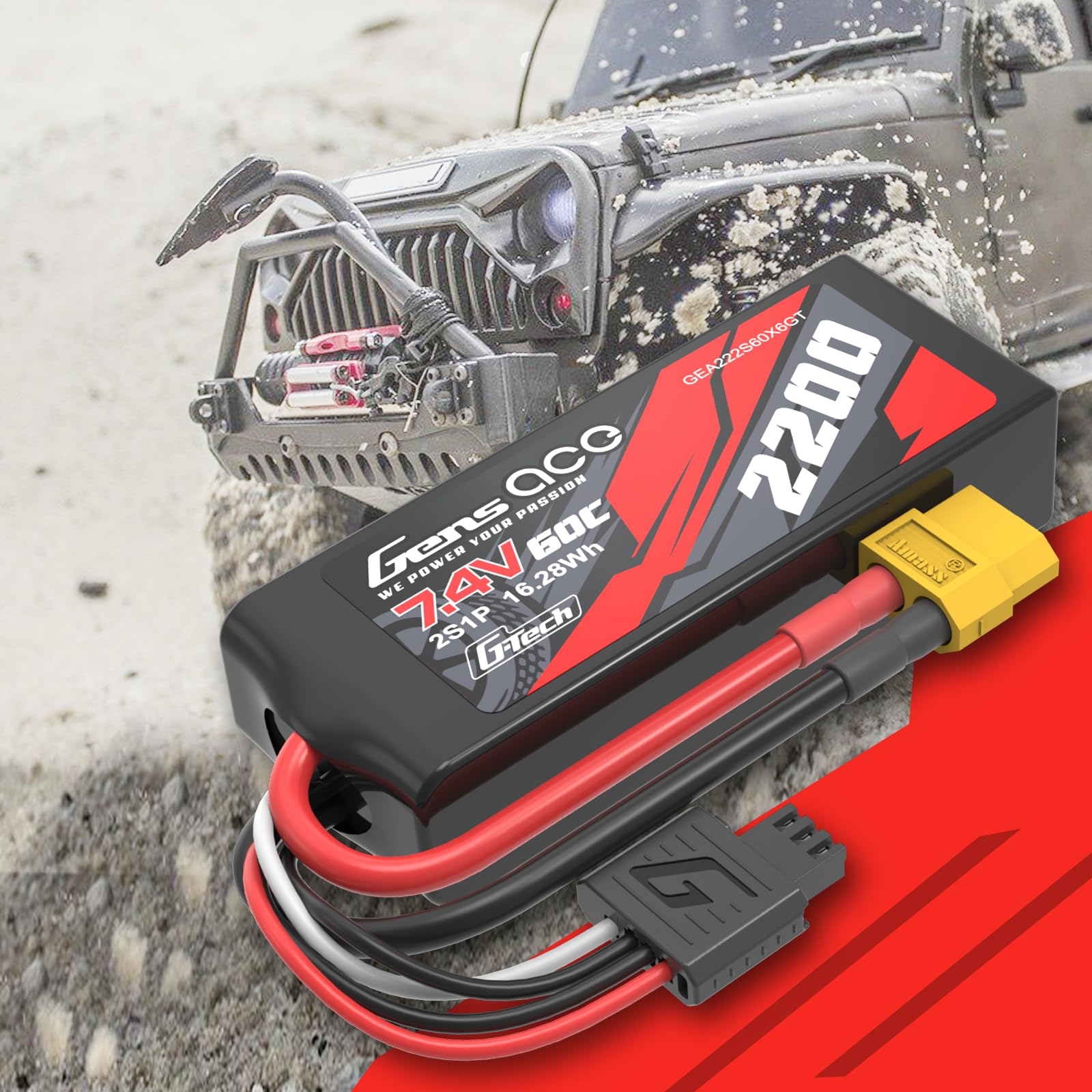 Gens ace 2s Batería Lipo 2200mAh 7.4V 60C con XT60 y Enchufe G-Tech Negro para Helicóptero, Barco RC, Vehículo 1/16