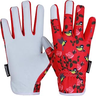 SAWANS Leather Gardening Gloves Women Men Women Thorn Proof Rigger Garden Safety Working Gloves Multipurpose Breathable Construction Gardening Gifts (Red,S)