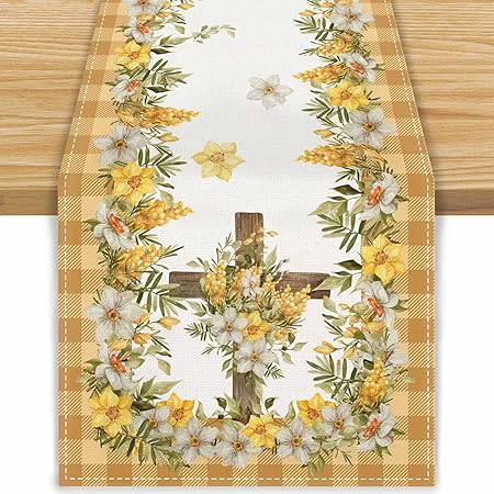 FARMNALL Linen He is Risen Easter Table Runner Buffalo Plaid Easter Religious Decoration Cross Table Runner Easter Season Decorative Holiday Spring Daffodil Flower Table Runner 13x72 Inch