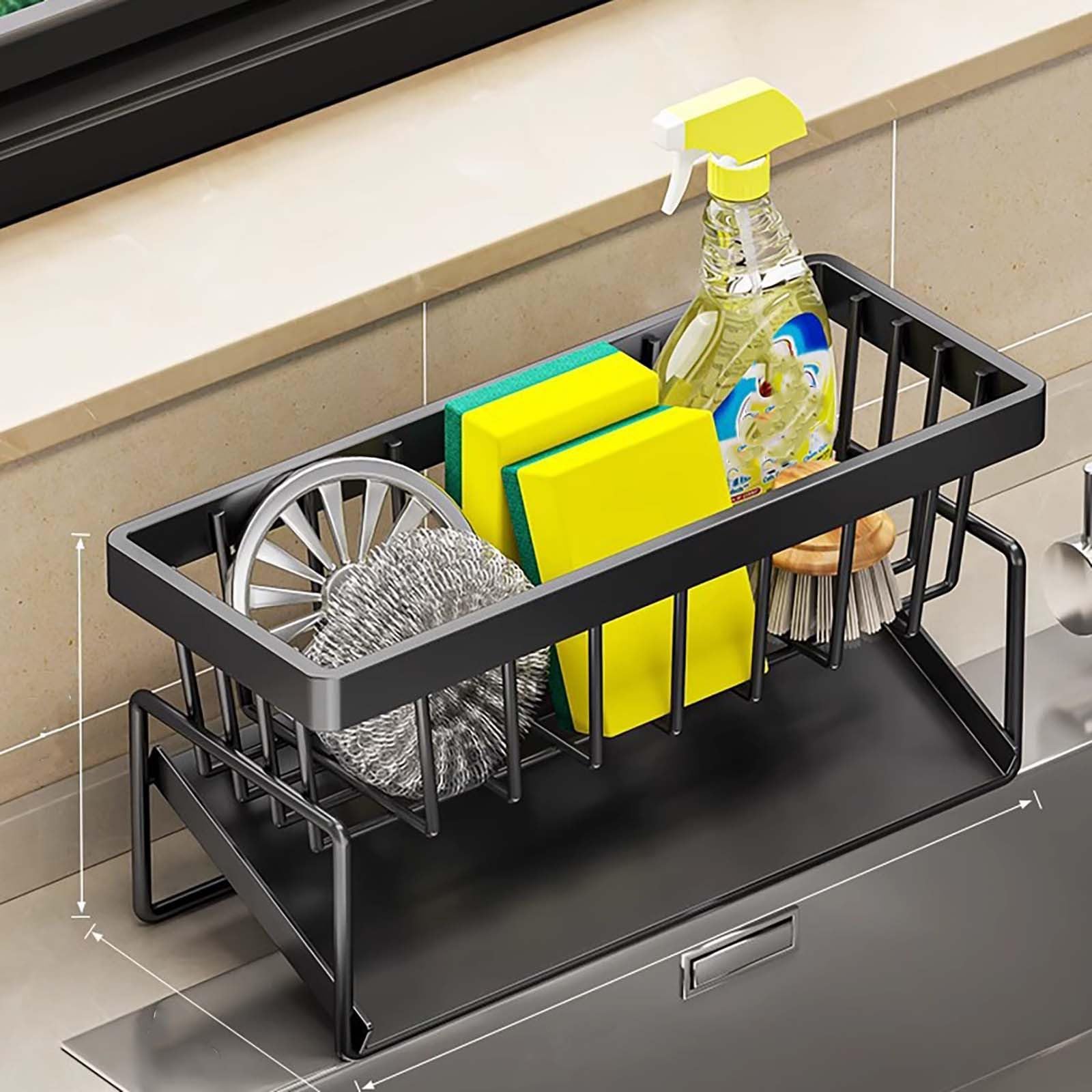 Sponge Holder for Kitchen Sink, Kitchen Sink Caddy Organizer with Automatic Drainage Tray, Kitchen Organization and Storage, Detachable Dishcloth Rack, Home Essentials Accessories (Black)