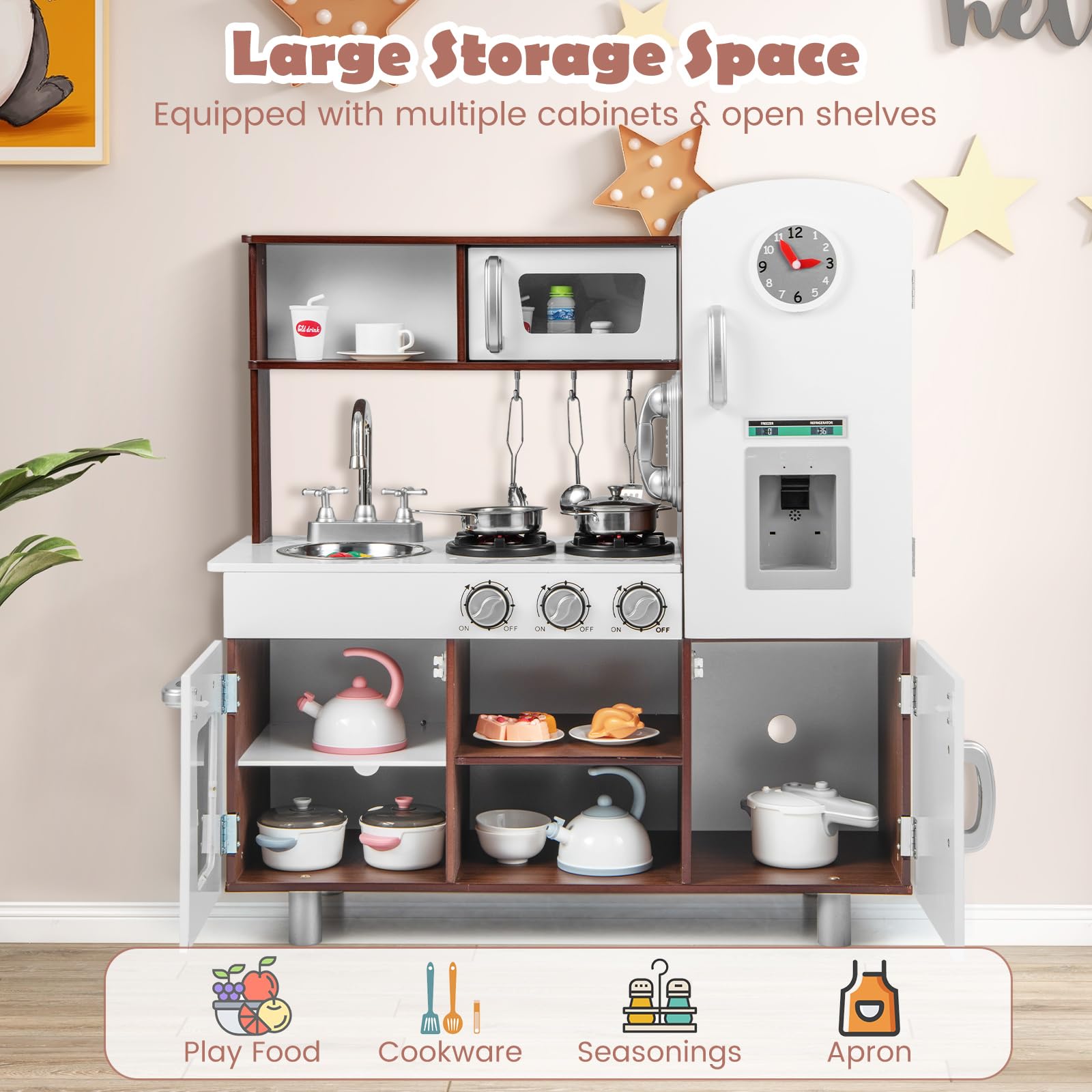 HOMASIS Cucina Giocattolo in Legno, Cucina per Bambini con Suoni e Luci, Cucinetta con Microonde, Forno, Distributore di Acqua, Frigorifero, Set da Cucina per Bambini dai 3 Anni in su, Bianco