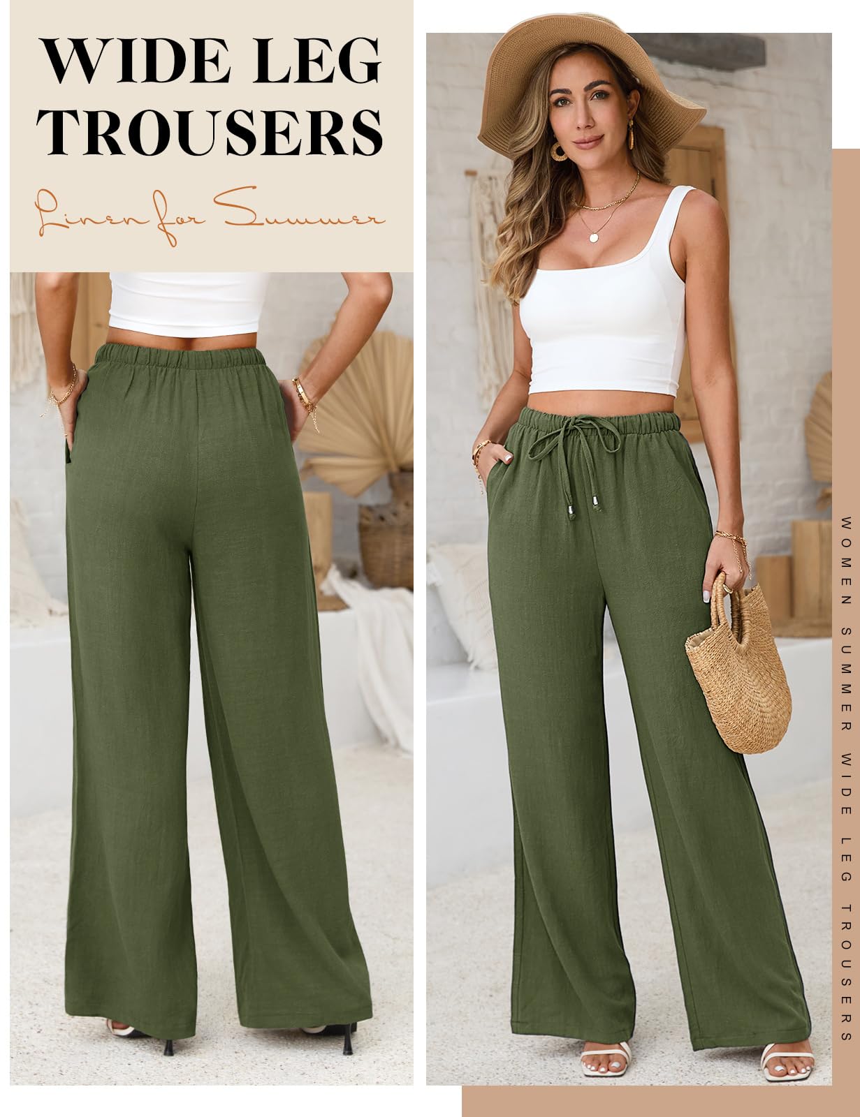 Voqeen Pantaloni Estivi da Donna in Lino Pantaloni Casual in Cotone e Tessuto di Lino Pantaloni Casual Monocromatici Pantaloni da Spiaggia a Vita Alta e Gamba Larga con Tasche