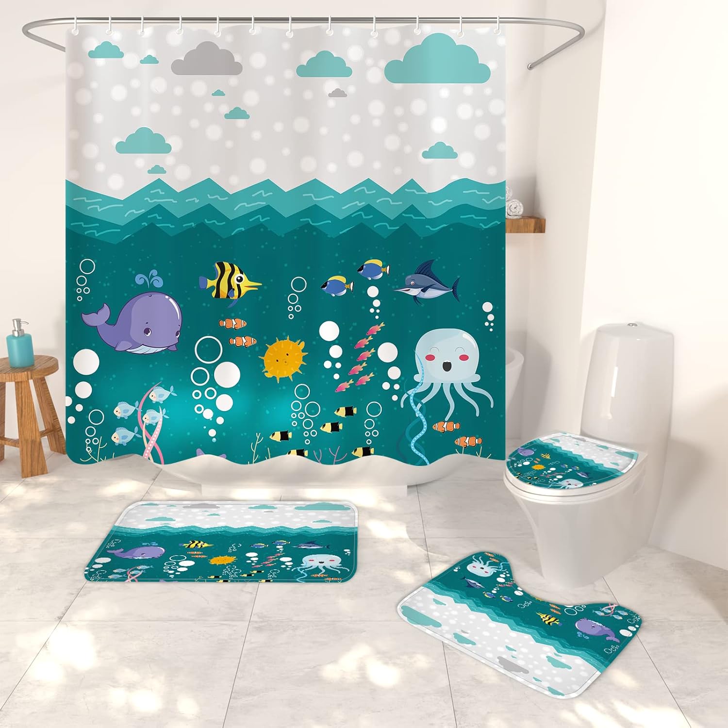 4piece Cute whale Kids shower curtain set sea backdrop