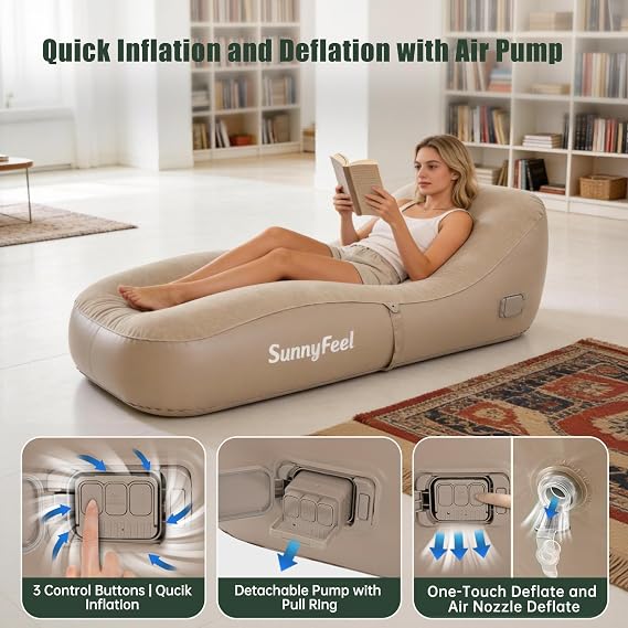 SUNNYFEEL Inflatable Lounge Chair with Built-in Pump | 330LBS Blow Up Couch Heavy Duty for Adults, Portable Air Sofa for Camping, Beach, Home & Outdoor with Storage Bag, Beige