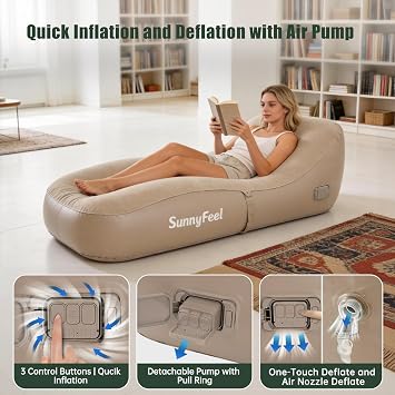 SUNNYFEEL Inflatable Lounge Chair with Built-in Pump | 330LBS Blow Up Couch Heavy Duty for Adults, Portable Air Sofa for Camping, Beach, Home & Outdoor with Storage Bag, Beige