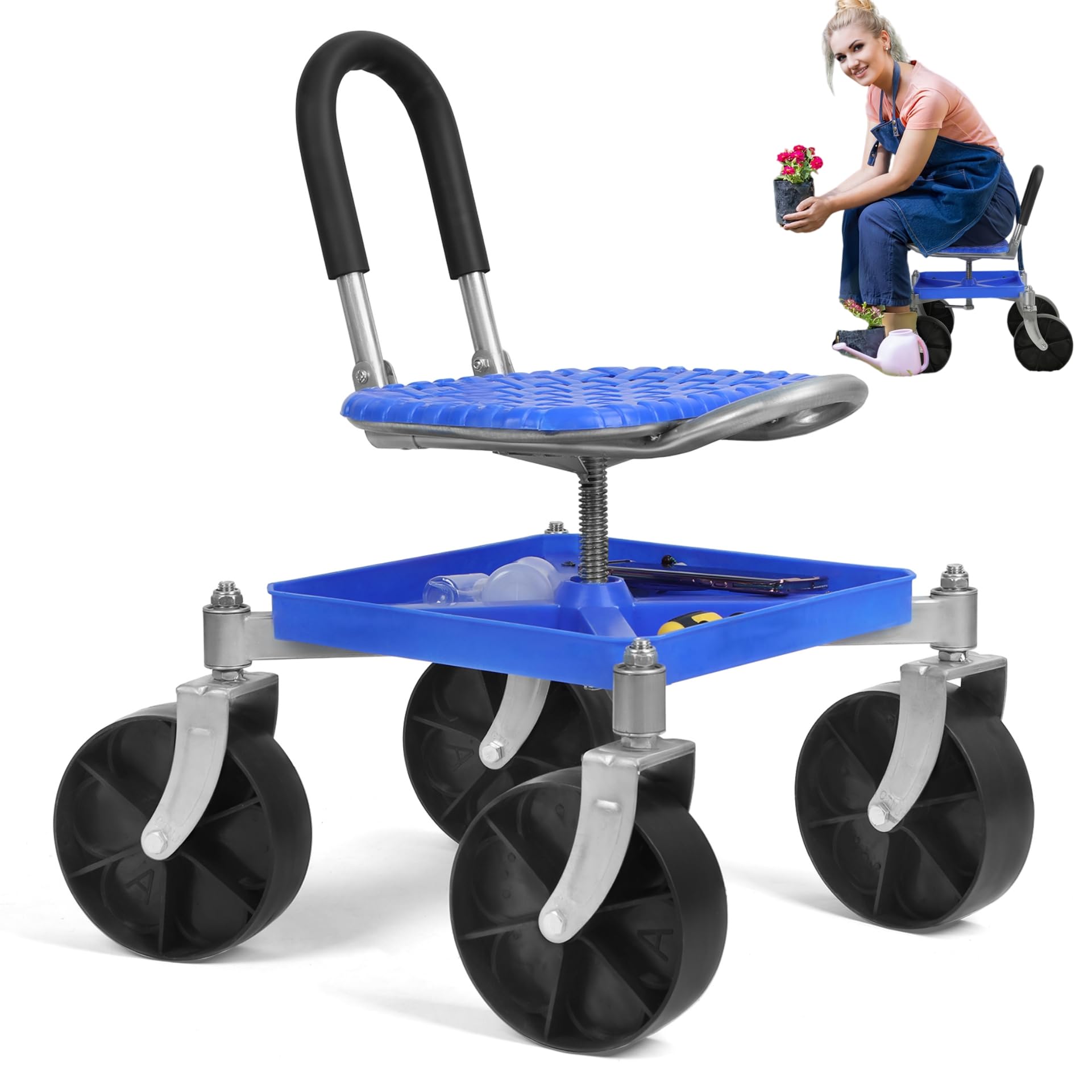 Sun Bling Rolling Garden Seat, Utility Garden Stool with Flat Wheels, Foldable Lazy Garden Seat Stool, Picking Rotary Tool Cart with Storage Shelf, Adjustable Height (Blue B)