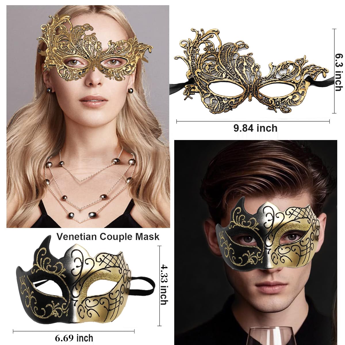 MZinge Masquerade Mask for Couple Men Venetian Mask for Halloween Lace Masque Costume Eyemask Party Prom Ball Mardi Gras (GOLD - Image 4