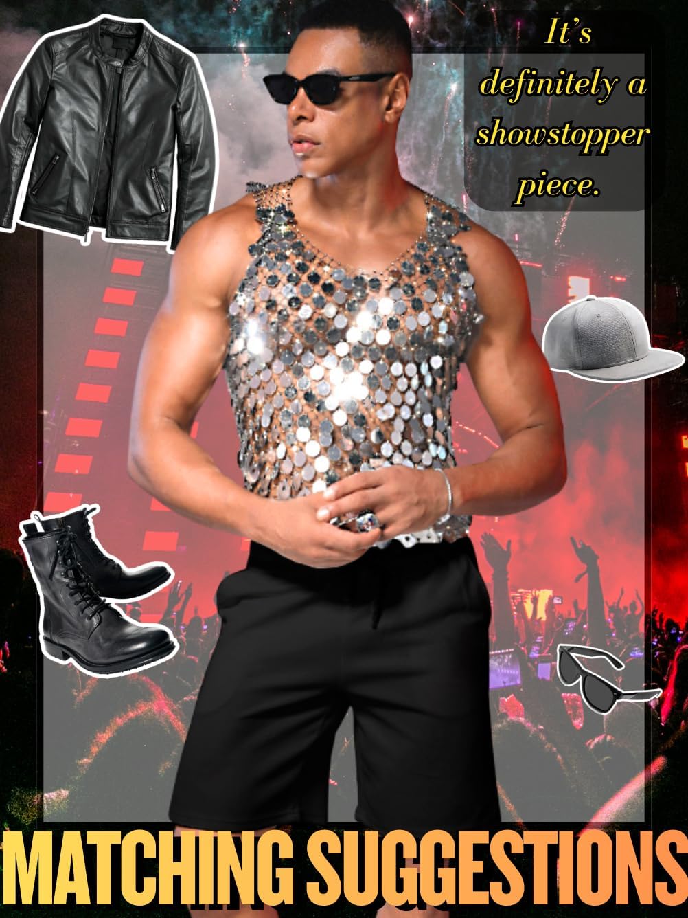 Men's Big Sequin & Rhinestone Mesh Shirt for Rave, Sparkly Reflective Metallic Sexy Tank Top (Fits Chest 30-46")