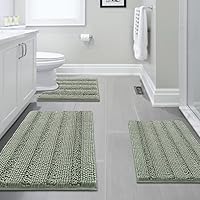 H.Versailtex 3-Piece Thick Striped Non-Slip Bathroom Rug Set - Ultra Absorbent Chenille Bath Mats for Tub, Shower, Toilet (Sage, 17x24+20x32+20x24 U-Shaped)