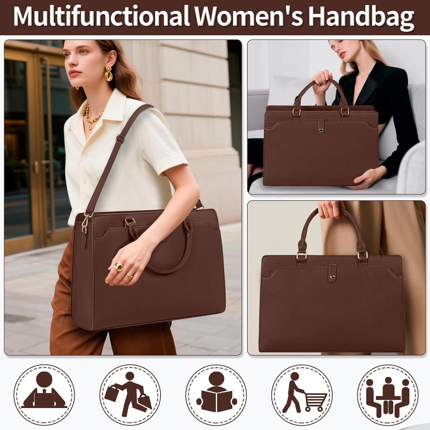 Laptop Tote Bag for Women 15.6 Inch Waterproof Leather Computer Bags Large Capacity Business Office Work Briefcase