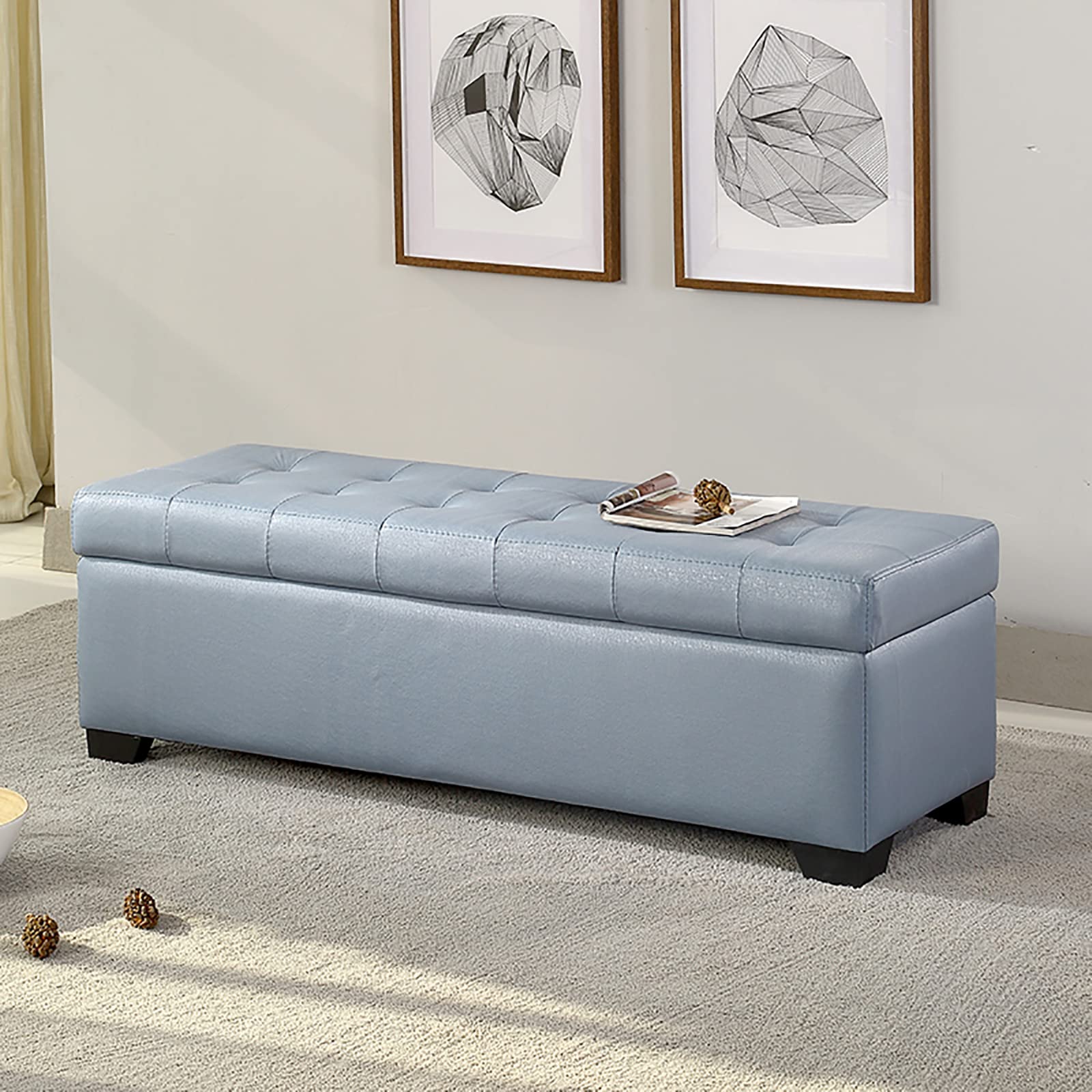 Moderno Cuero De Pu Acolchado Rectangular Con Tapa Banco De Almacenamiento Reposapiés Banco Para Dormitorio Sala De Estar Cambiar Zapatos Banco-Beige 90x45x40cm(35x18x16inch) (Azul 90x45x40cm(35x18x