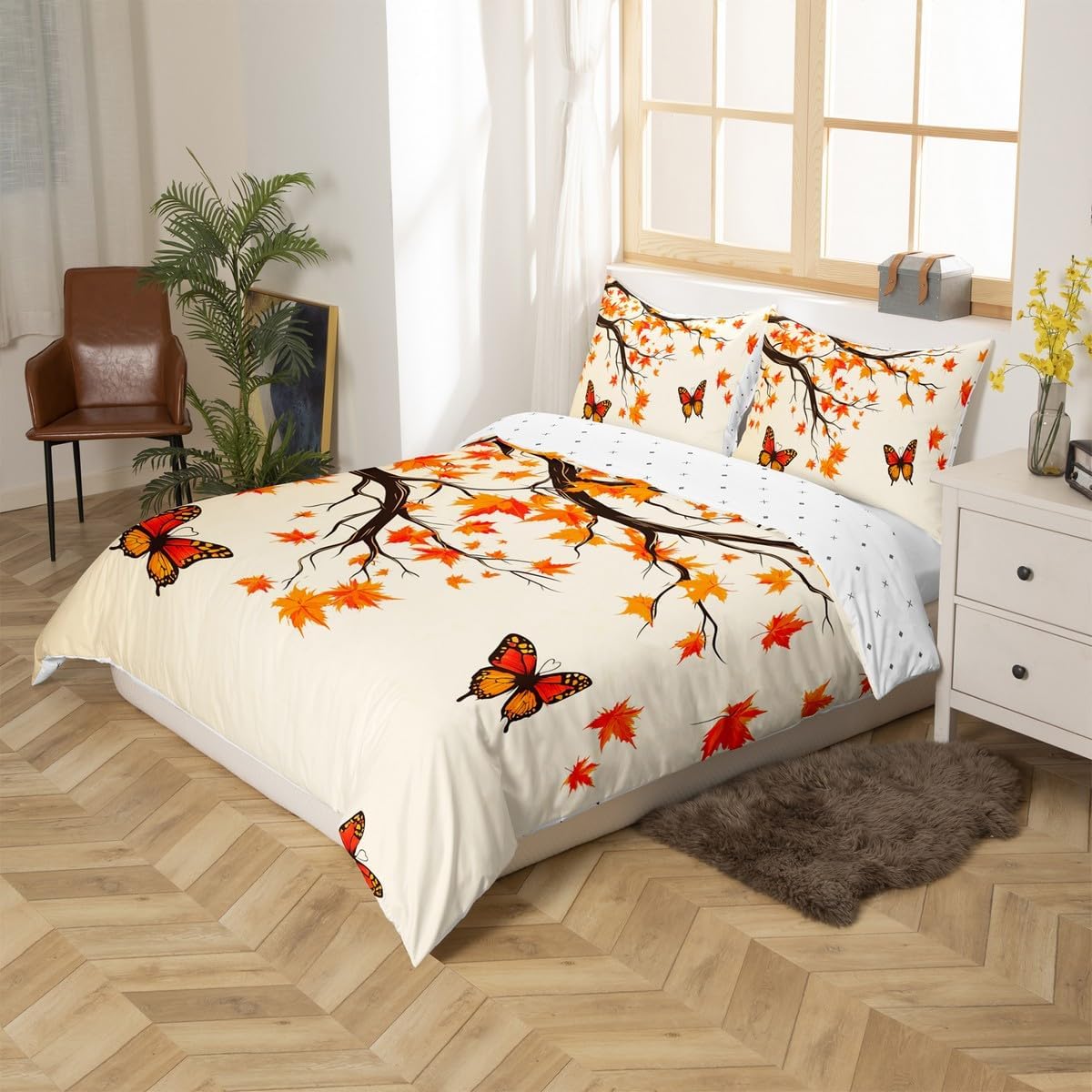 Autumn Themed Duvet Cover Twin Red Butterfly Bedding Set for Girls Women Fallen Leaves Comforter Cover Flying Dandelion Bed Sets Caring Fall Season Gifts for Loved Ones 2pcs with 1 Pillowcase
